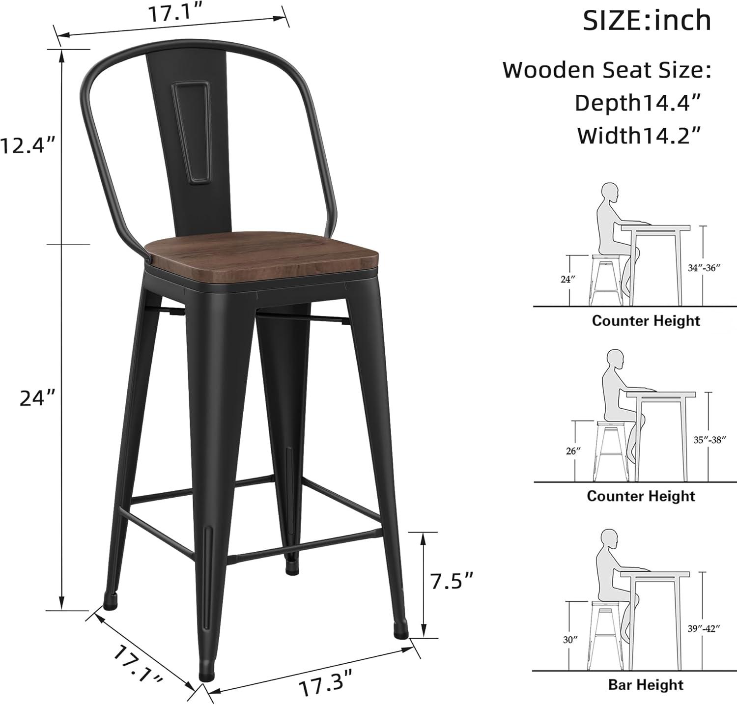 24" Black Metal and Wood Swivel Backless Bar Stools Set