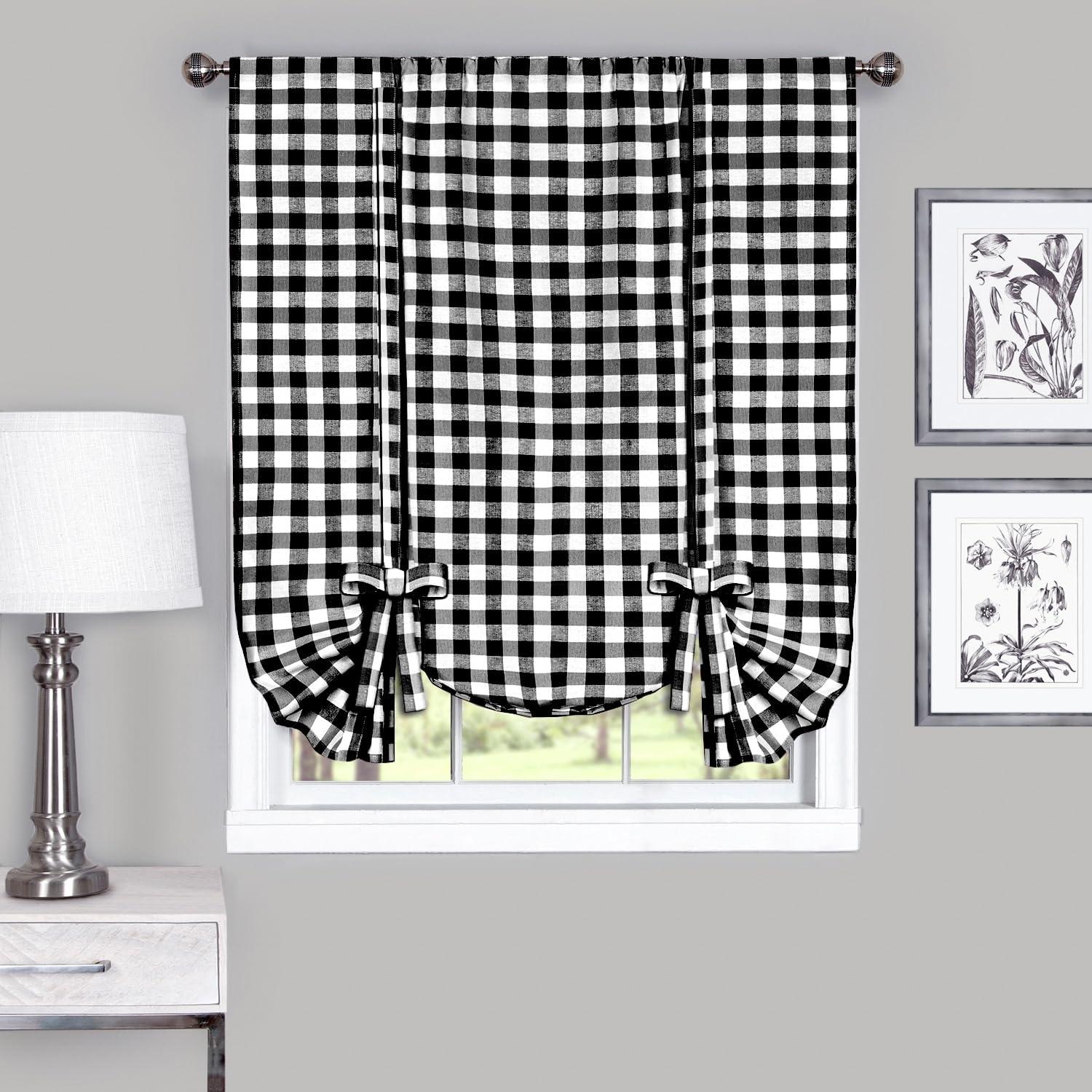 Achim Buffalo Check Window Curtain Tie Up Shade, 42" x 63", Black