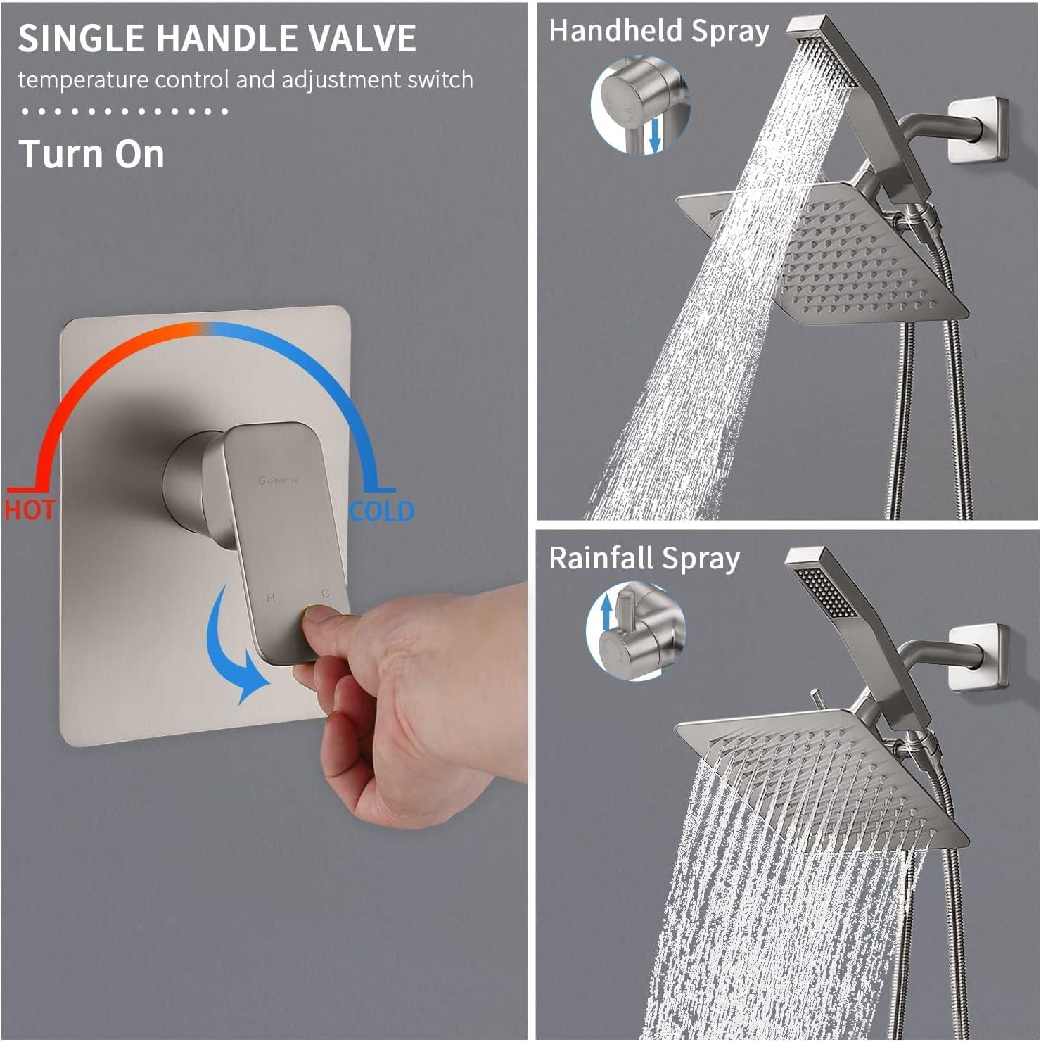 All Metal Shower Faucet Set, Dual Square Shower Head System with Handheld Wand & Rainfall Showerhead, Diverter, Hose Complete Combo, Pressure Balance Rough-in Valve Included