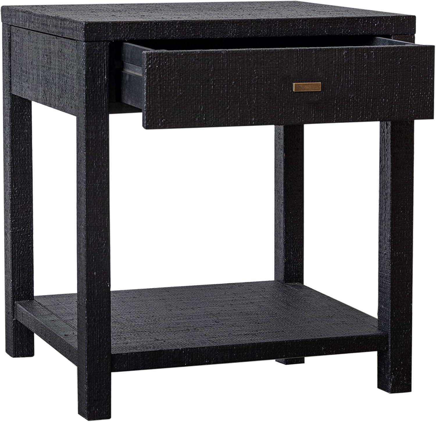 East at Main Indigo Road by Egypt Sherrod Gia Black Bedside Table with Drawer & Open Shelf – Modern Wood Nightstand for Bedroom Storage, Handcrafted Raffia Accent Table