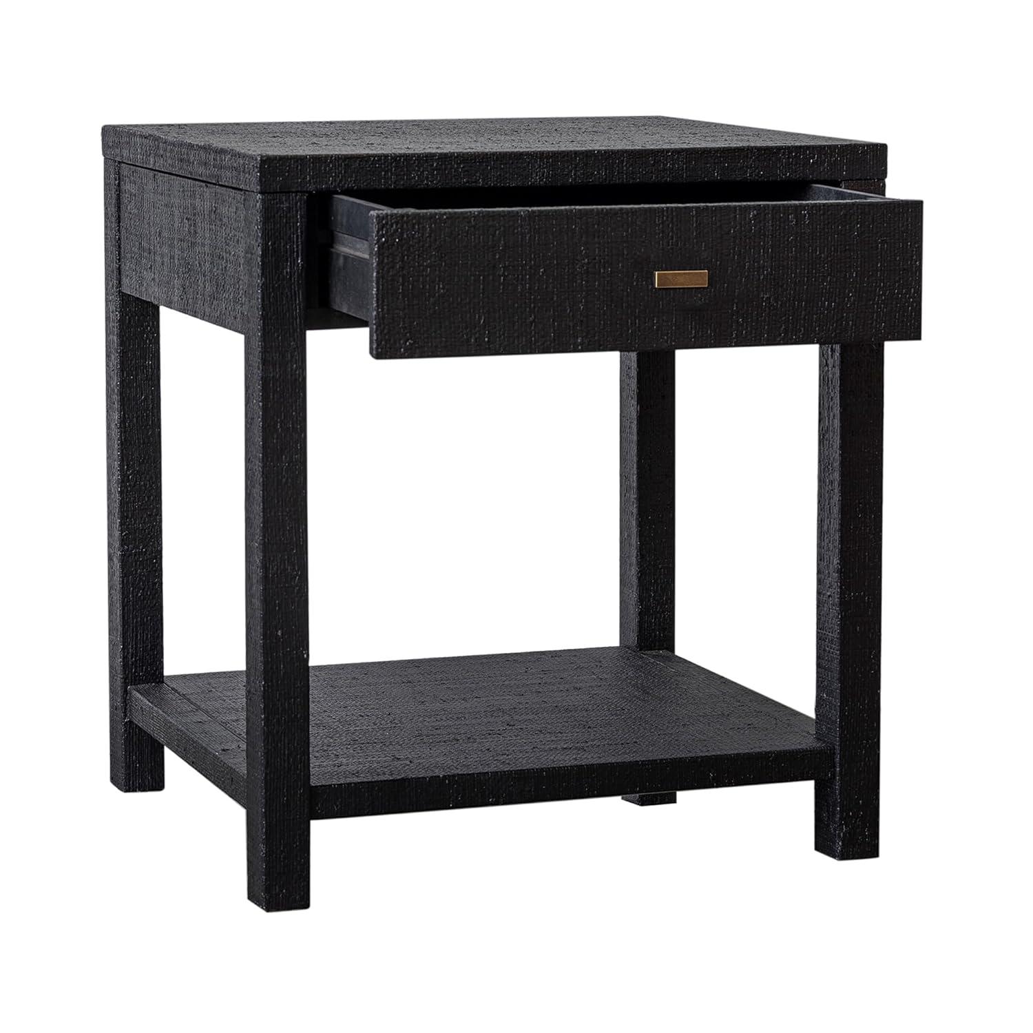 East at Main Indigo Road by Egypt Sherrod Gia Black Bedside Table with Drawer & Open Shelf – Modern Wood Nightstand for Bedroom Storage, Handcrafted Raffia Accent Table