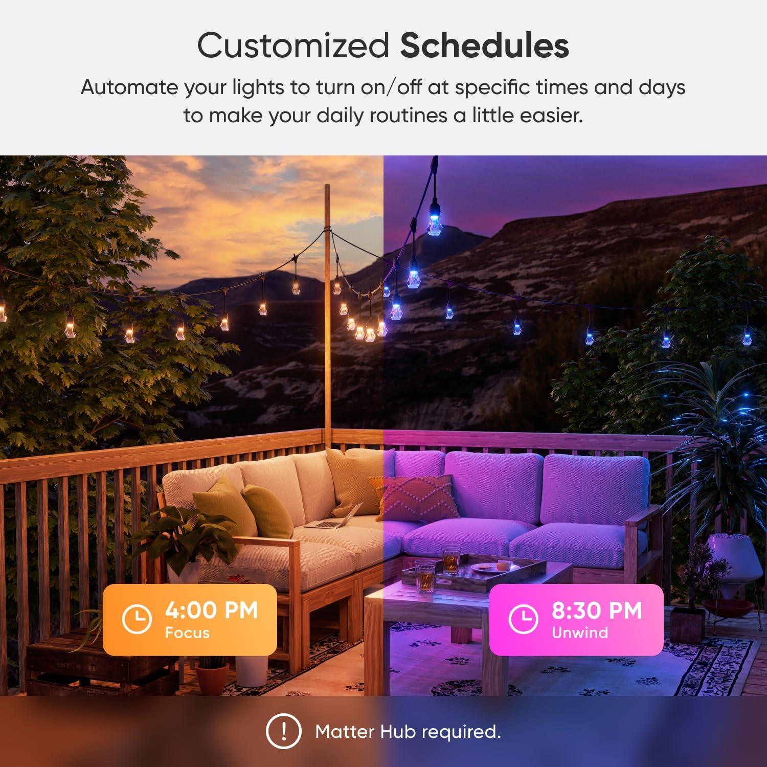 Matter Smart Multicolor LED Outdoor String Lights with Addressable Bulbs