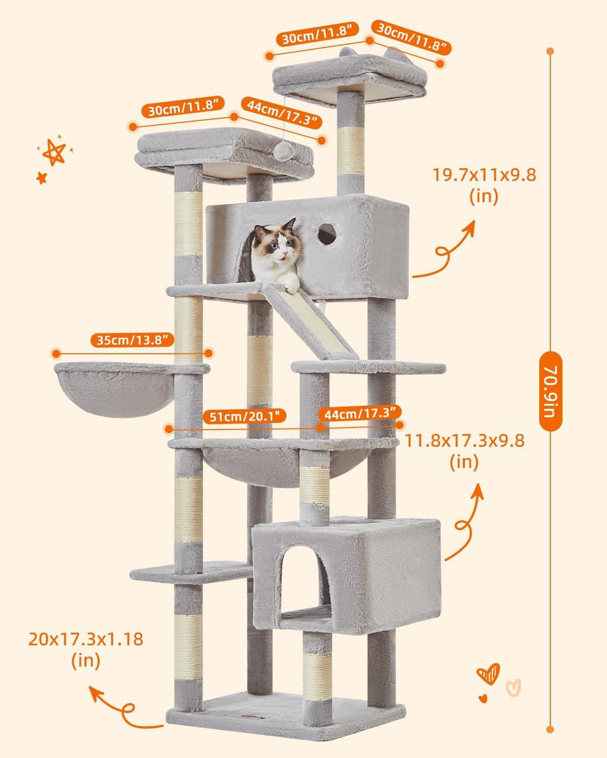 Light Gray 71-Inch Multi-Level Cat Tree with Sisal Posts