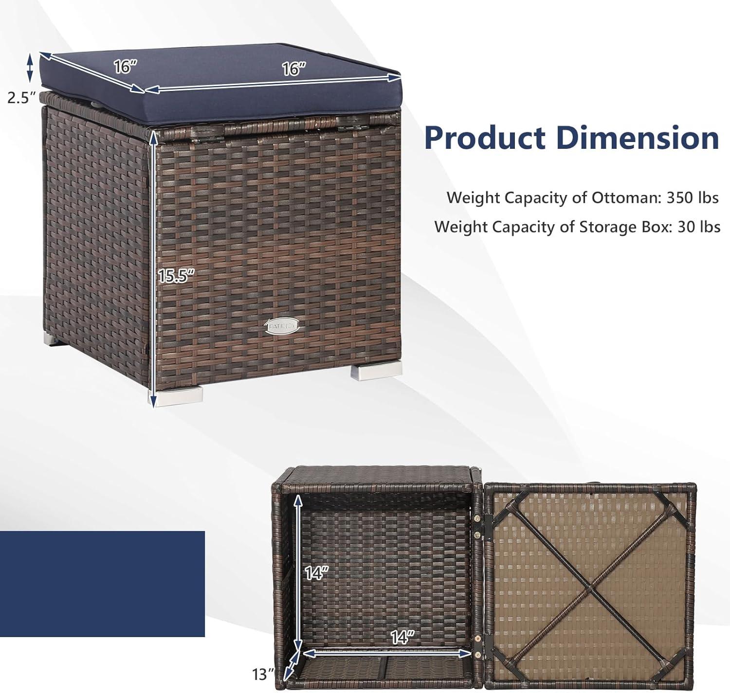 Navy Cushioned PE Rattan Storage Ottomans Set