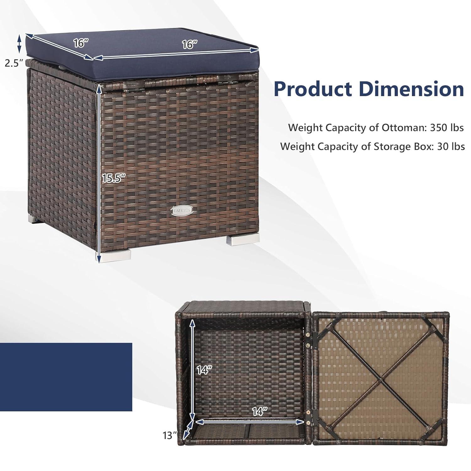 Navy Cushioned PE Rattan Storage Ottomans Set