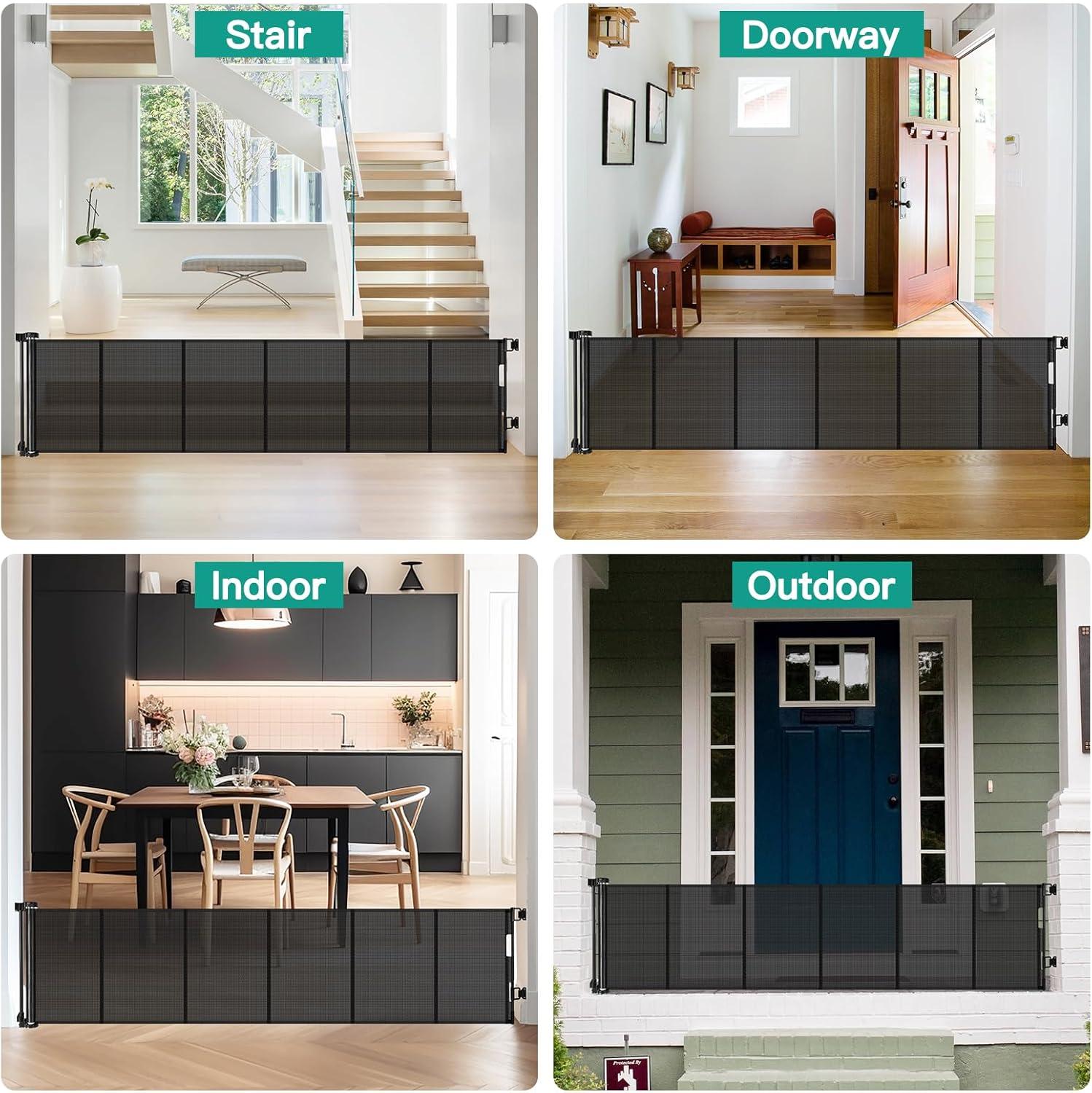 24 Inches Tall Retractable Baby Gates for Doorways, Short Dog Gates to Step Over, Extends up to 55" Wide, Reinforced Mesh Baby Gate for Kids or Pets, Gates Puppy Gates for The House (Black)