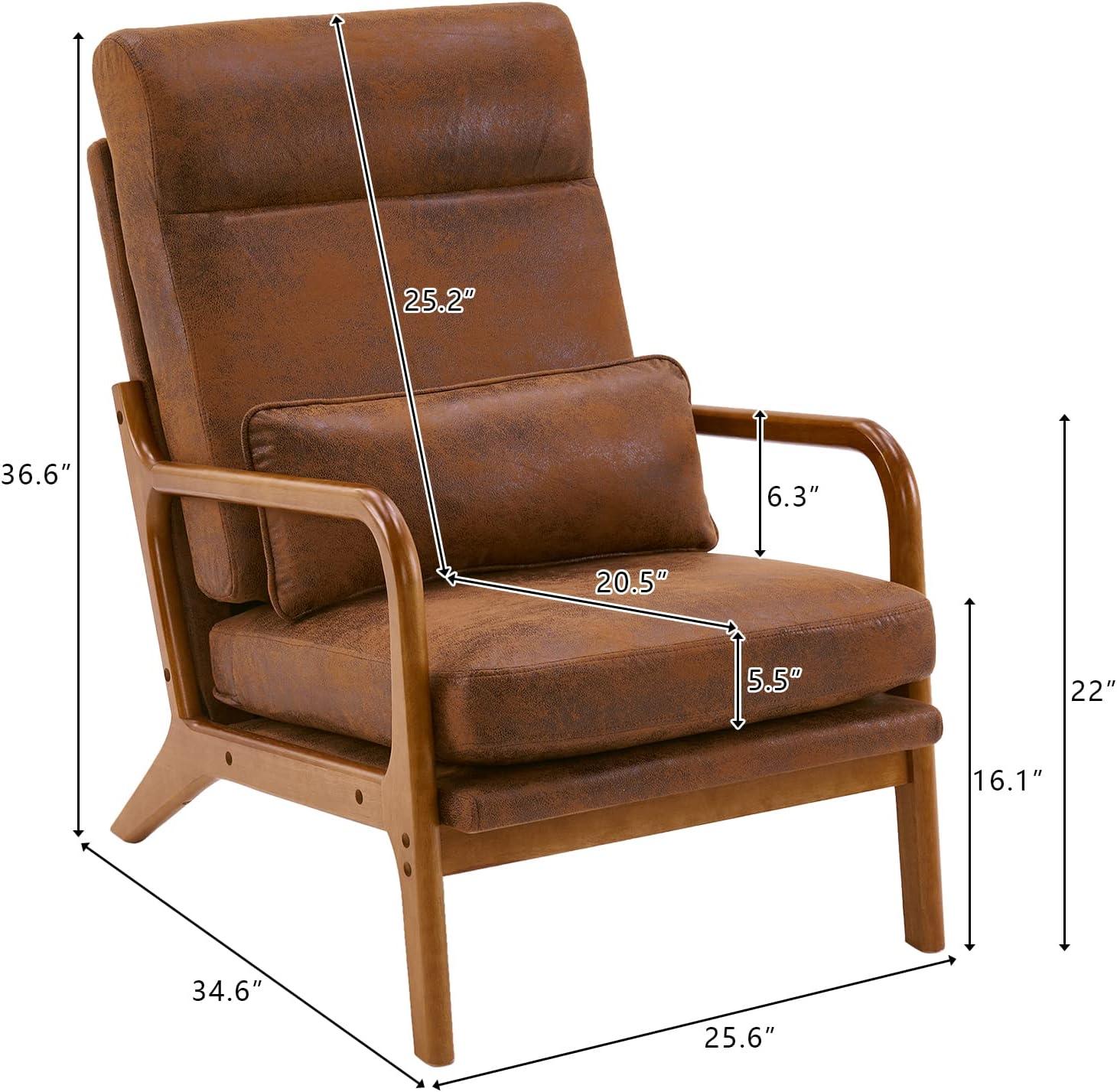 Brown Bronzing Cloth and Oak Wood Mid-Century Modern Armchair