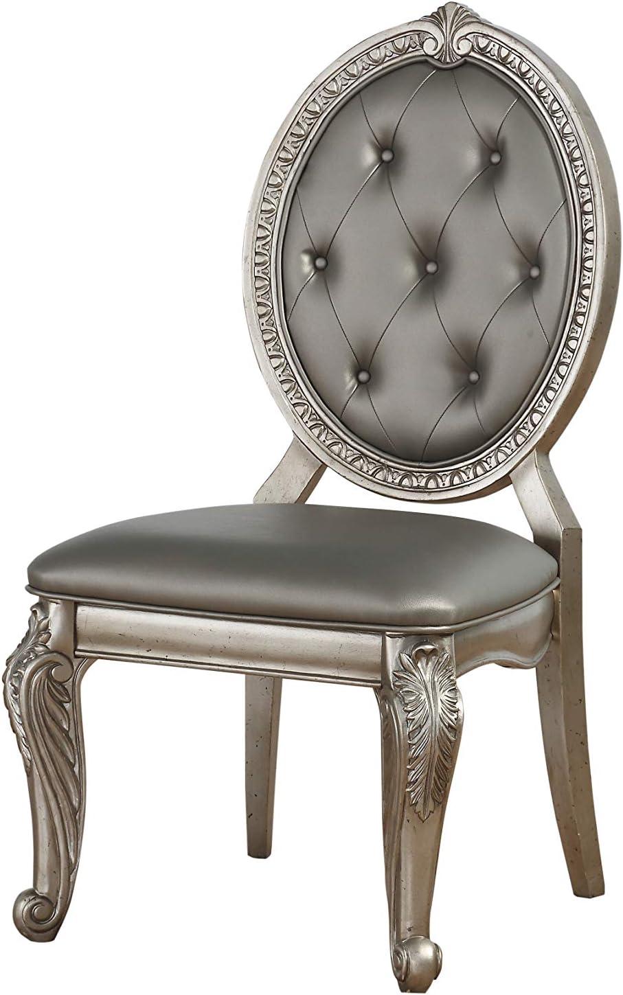 Set of 2 24" Northville PU Dining Chairs Antique Silver - Acme Furniture: Queen Anne Style, Tufted Back