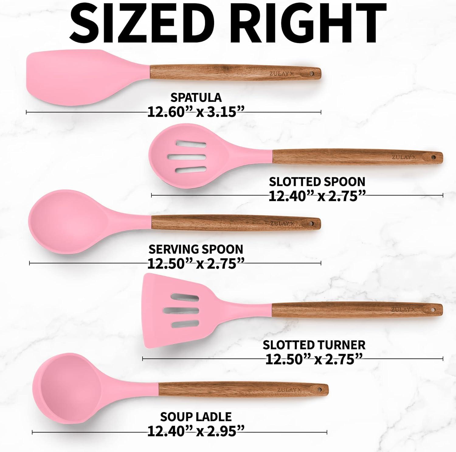 Pink Silicone and Acacia Wood 5-Piece Cooking Utensil Set