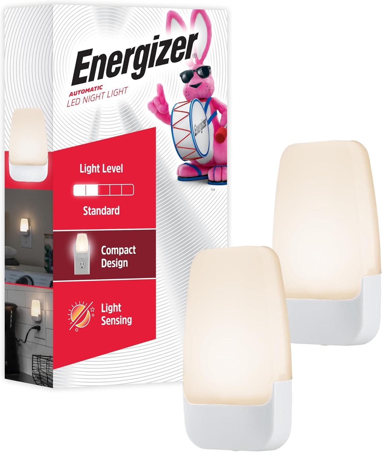 Energizer 2pk LED Contemporary Night Lights: Plug-In Wall Nightlight, Electric, White, All Ages, No Assembly Required