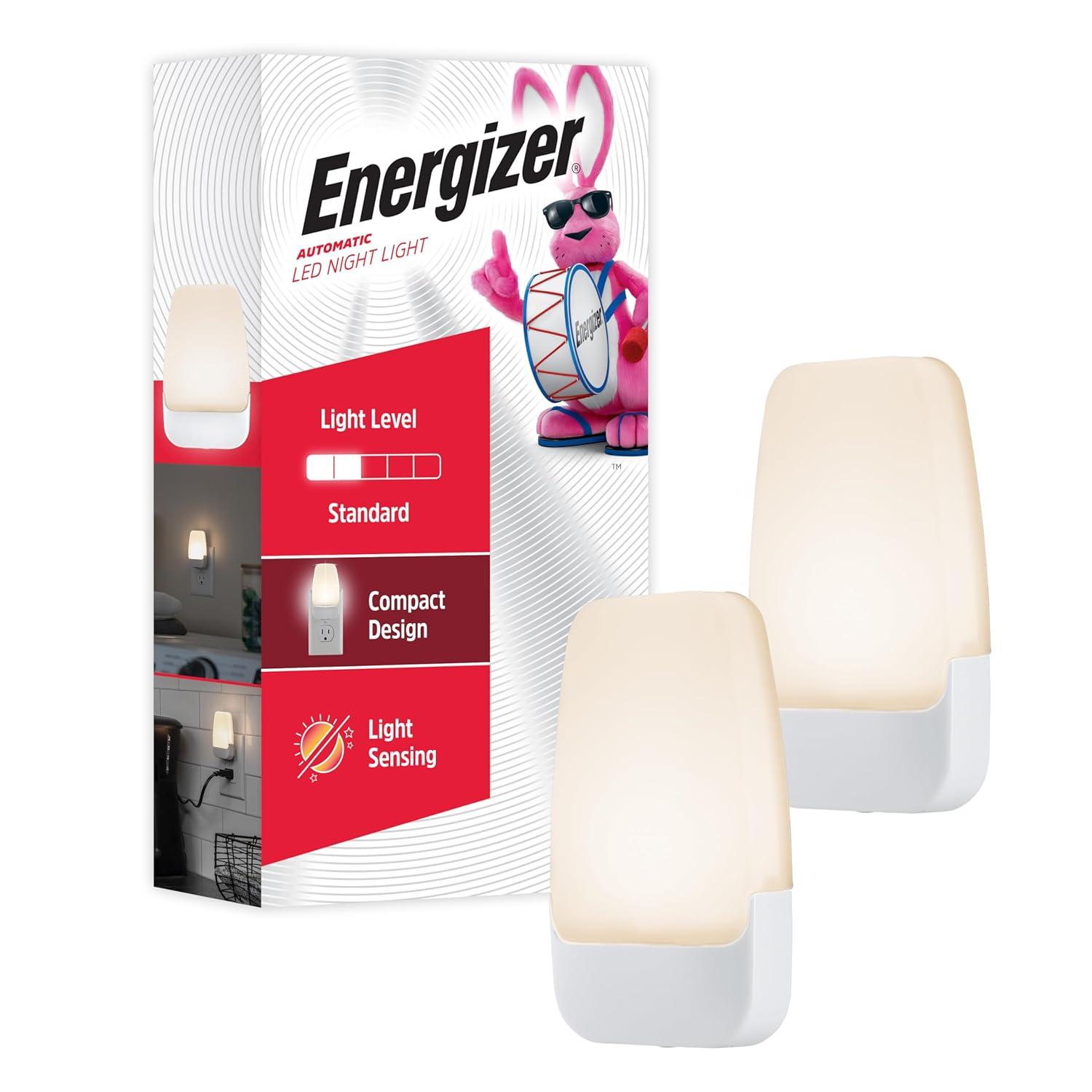 Energizer 2pk LED Contemporary Night Lights: Plug-In Wall Nightlight, Electric, White, All Ages, No Assembly Required