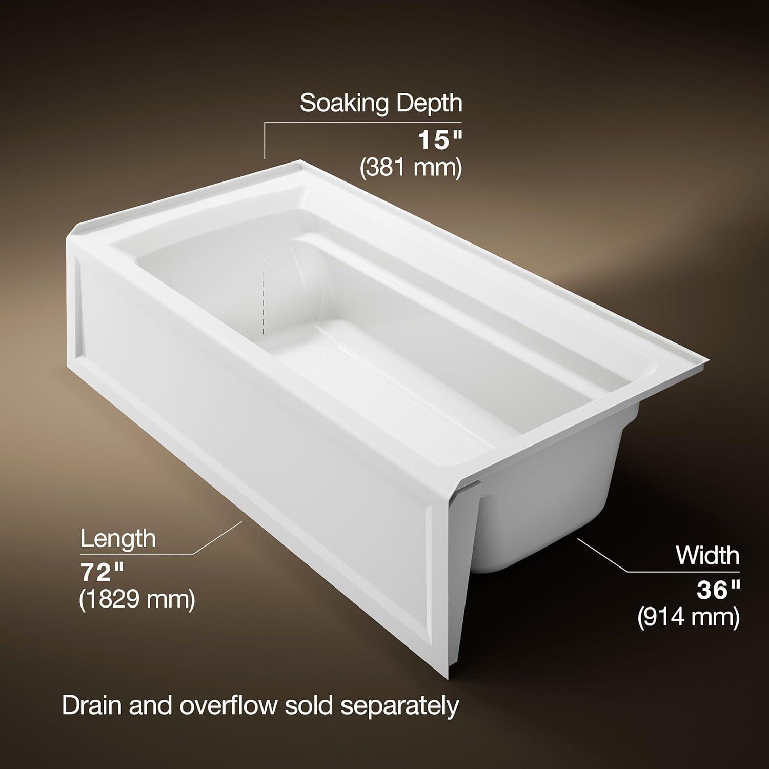 72" x 36" Acrylic Alcove Soaking Bathtub with Comfort Depth