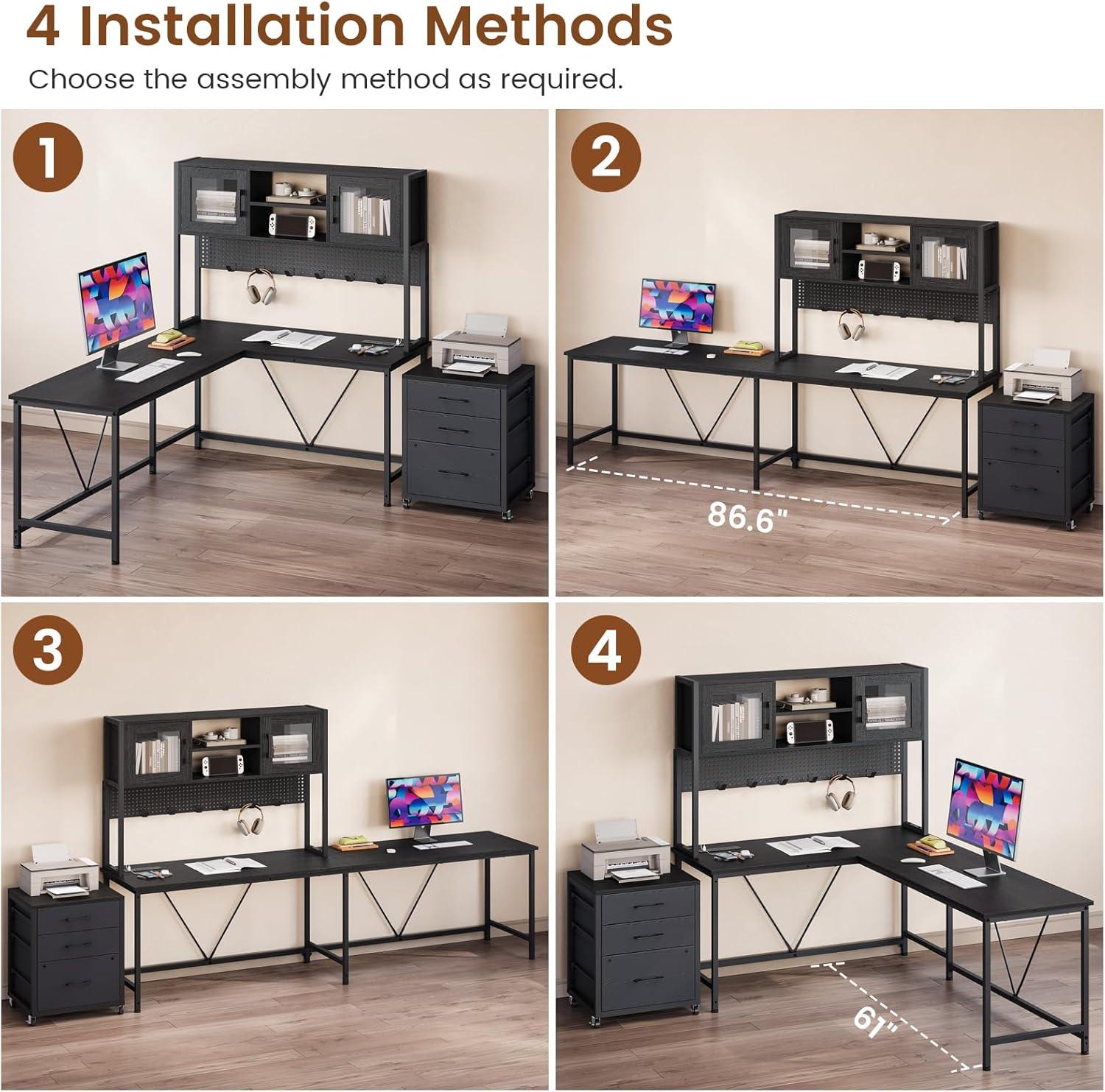 L-Shaped Computer Desk with LED Lights & Hutch & Pegboard, Reversible Gaming Desk with Monitor Stand & Drawers for Home Office, Black
