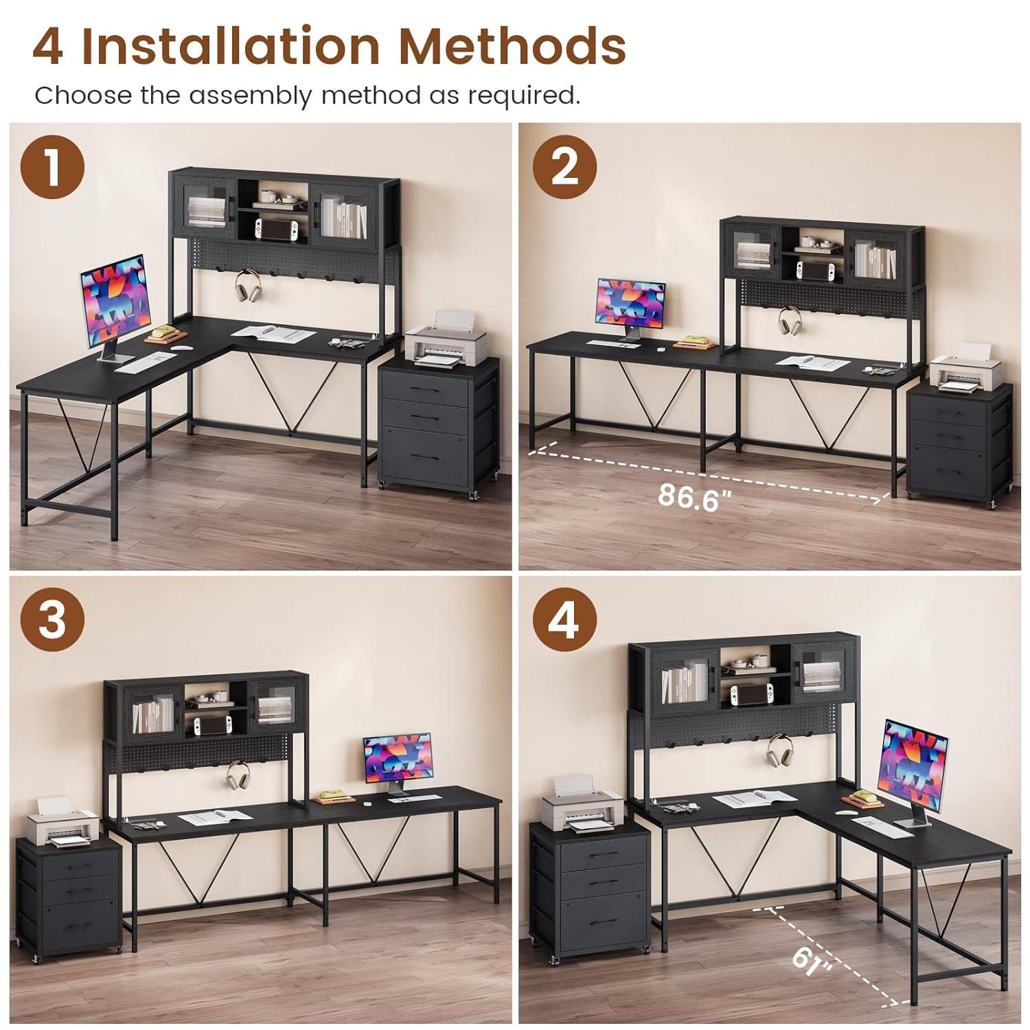 L-Shaped Computer Desk with LED Lights & Hutch & Pegboard, Reversible Gaming Desk with Monitor Stand & Drawers for Home Office, Black