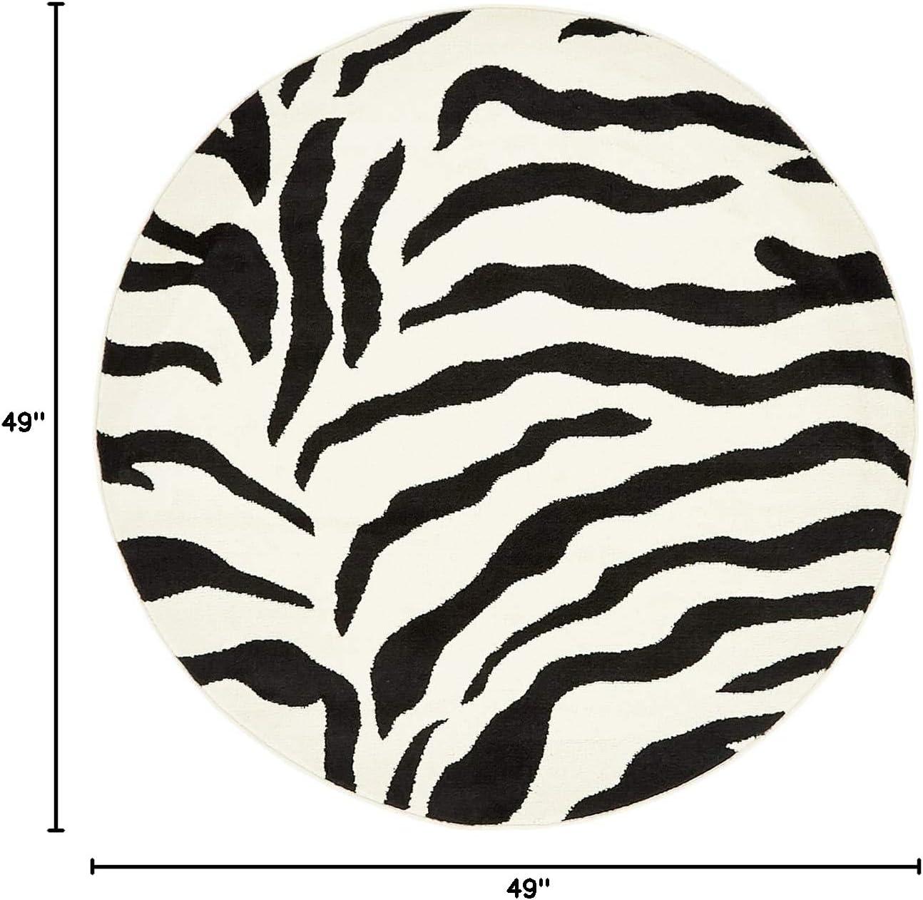 Unique Loom Wildlife Collection Area Rug - Zebra (4' 1" Round Ivory/Black)