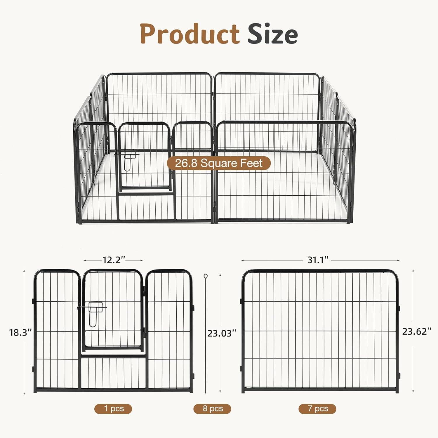 edx Dog Playpen, 8 Panels 24" Foldable Heavy Duty Metal Pet Fence with Doors Indoor Outdoor