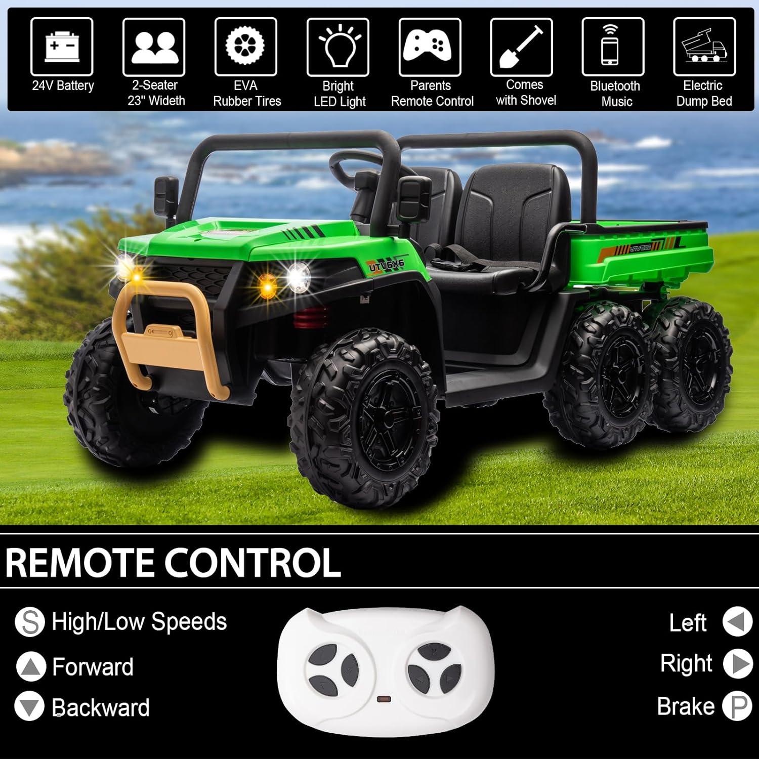 24V Ride on Toys with Remote Control, 2 Seater Electric Powered Ride on Dump Truck , 4WD 6-Wheel UTV Car w/ Tipping Bucket Trailer, Shovel, Suspension, Bluetooth Music, Big Kids, Green