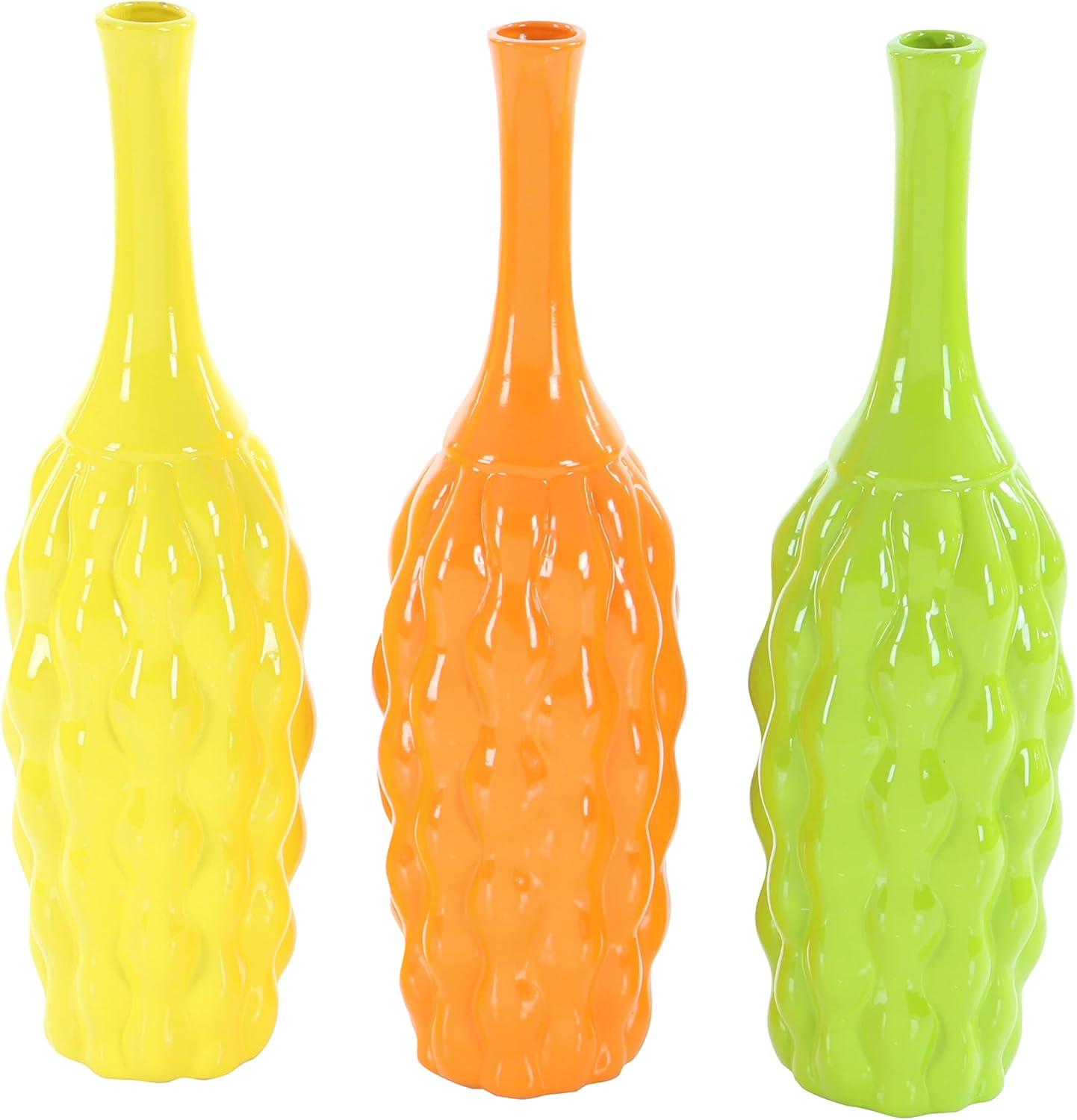 Coastal Charm 18" Trumpet Ceramic Vase Trio in Yellow, Orange, and Green