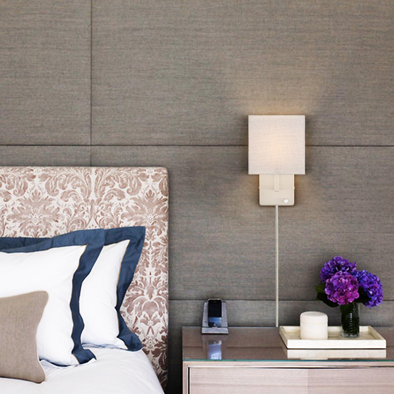 Claxy Brushed Nickel Plug in Wall Sconce with Square Fabric Shade and Switch Set of 2