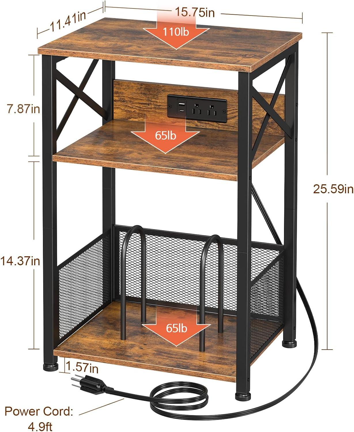 Record Player Stand with Charging Station, Turntable Stand with Storage Cabinet, 3 Tier End Table Hold Up to 100 Albums, Record Stand for Vinyl, Living Room, Rustic Brown