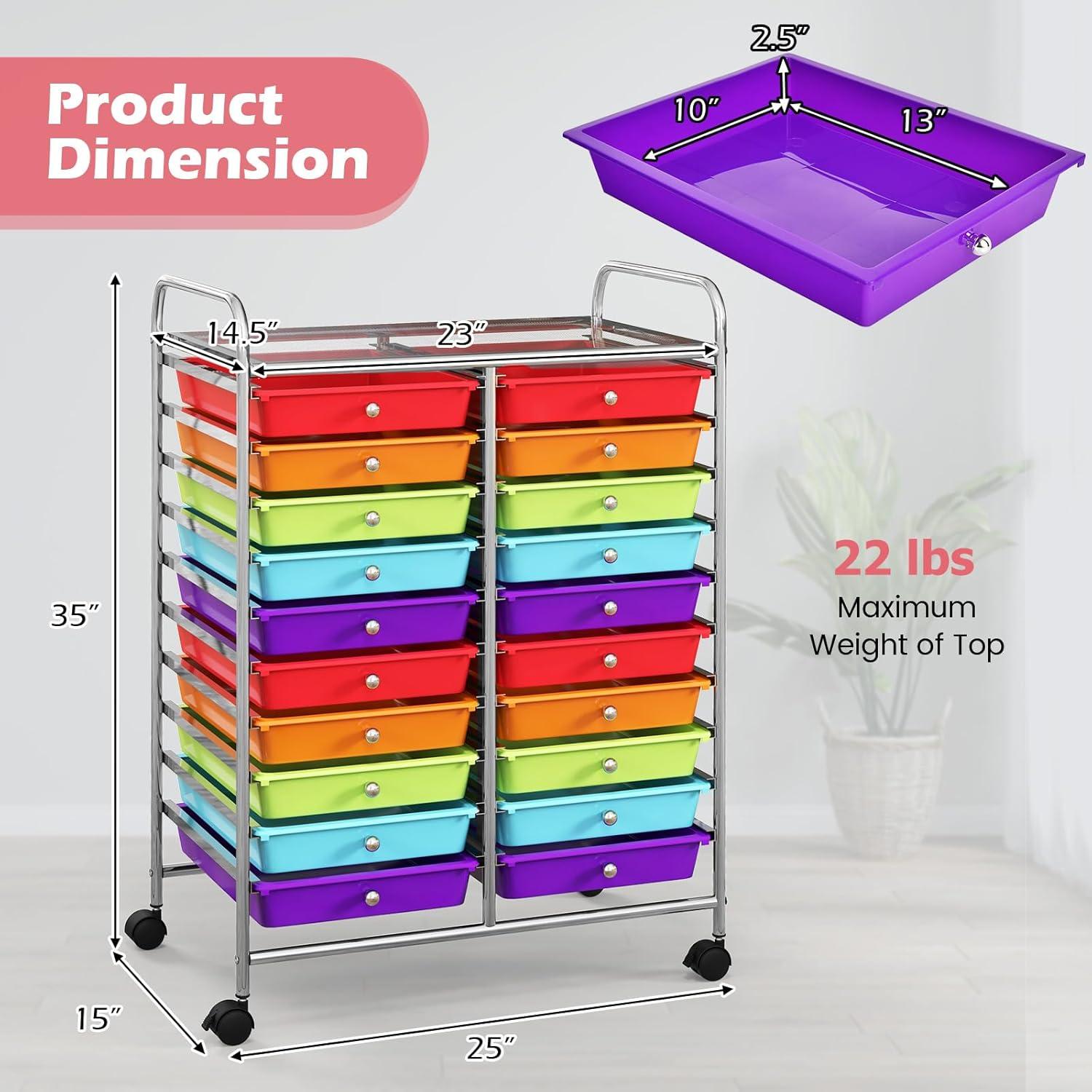 20-Drawer Organizer Cart Tools, Mobile Utility Storage Cart with Detachable Drawers & Lockable Wheels, Rolling Storage Cart with wheels for Home Office School(Multicolor)