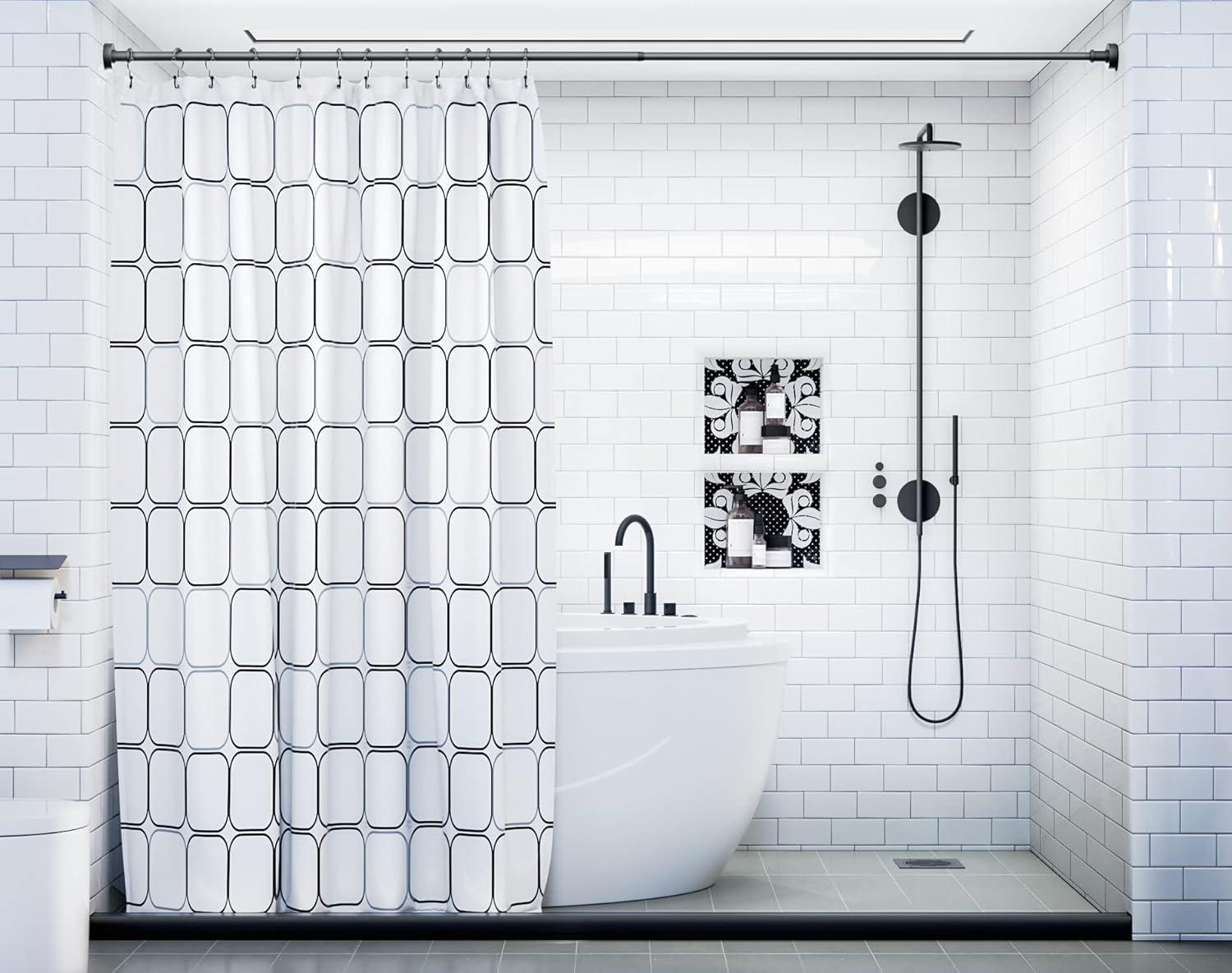 BloomFlower Chrome Shower Rod with 12 Hooks, Adjustable 43-72 inches,Rust Resistance,Tension Metal Rod,No Drill,Silver