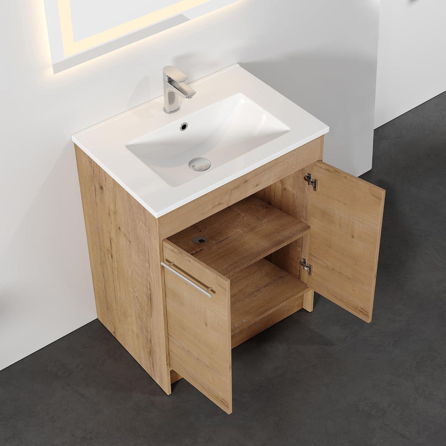 Natural Oak Freestanding Bathroom Vanity with Ceramic Sink, 24 Inch