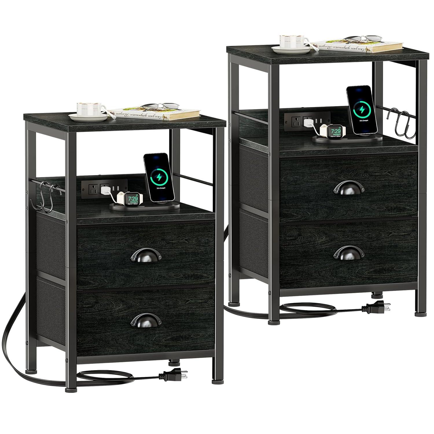 Furologee Nightstands Set 2, End Tables with 2 Fabric Drawers, Bedside Tables with Hooks and Shelf, Side Tables for Bedroom/Living Room/Study/Black Oak