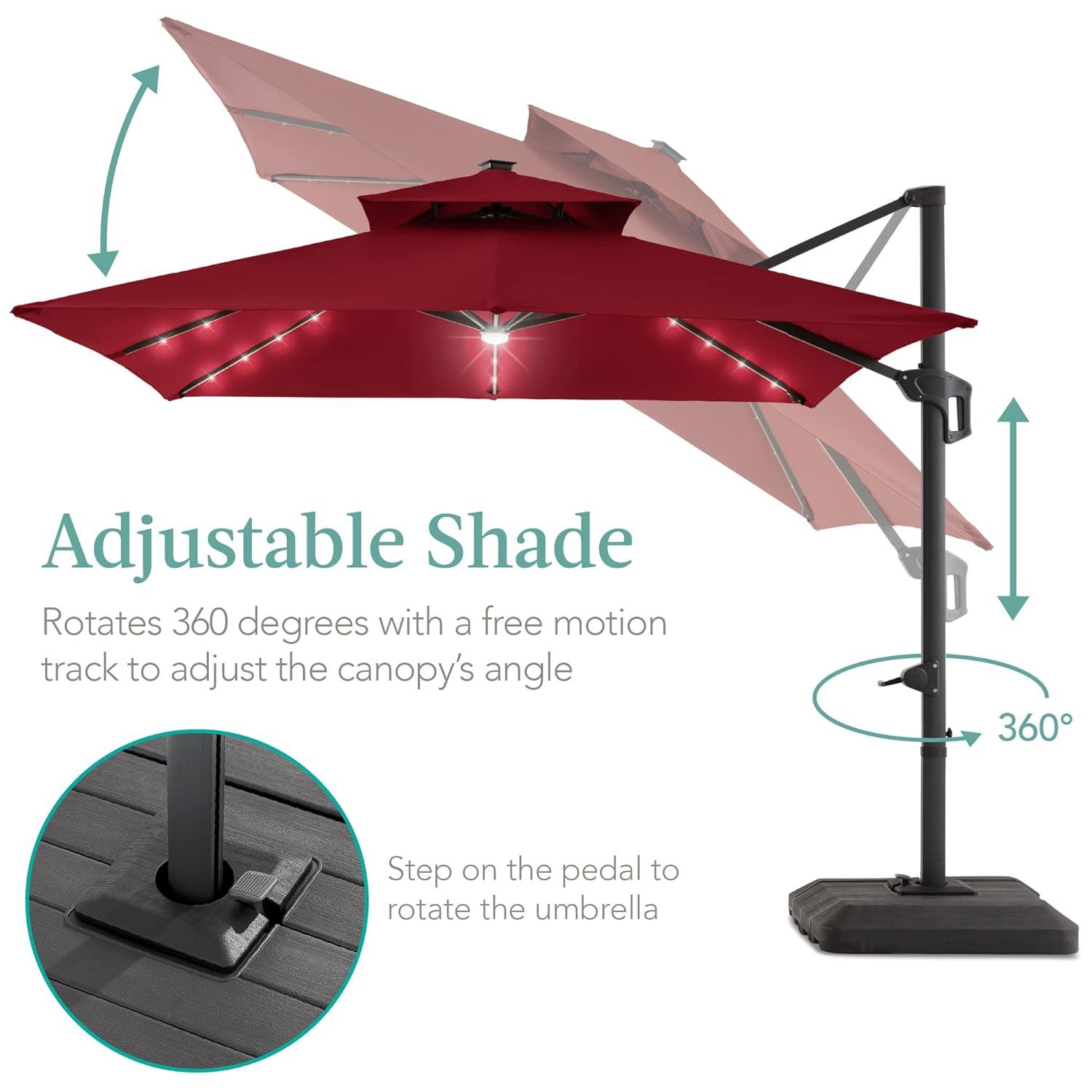 Arlmont & Co. Ronessa 10x10ft 2-Tier Square Outdoor Solar LED Cantilever Patio Umbrella w/ Base Included