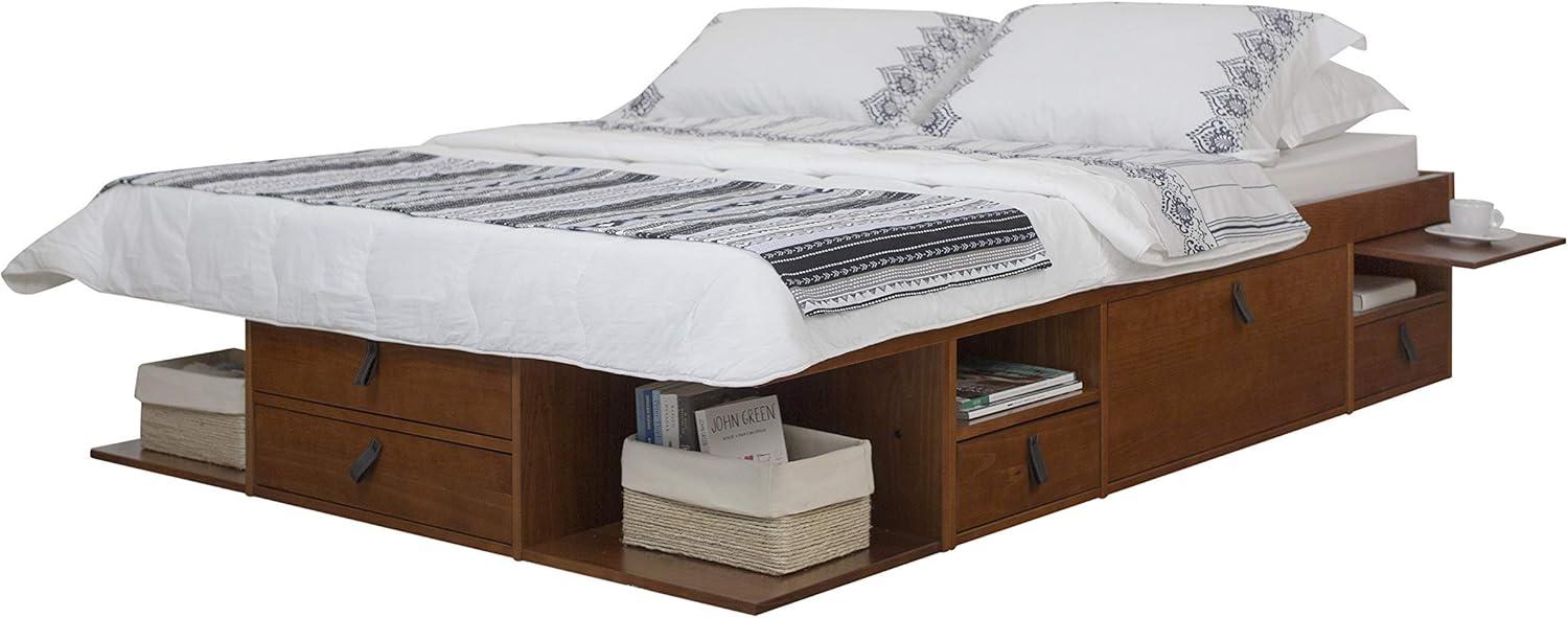 Queen Caramel Pine Wood Platform Bed with Storage Drawers