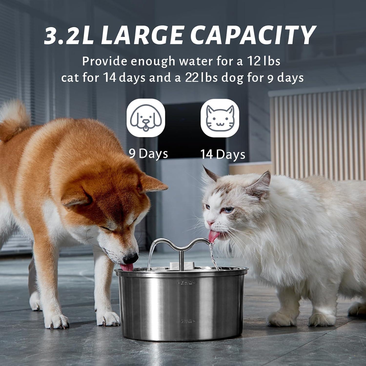 DOOOB Cat Water Fountain, 3.2L/108OZ Stainless Steel Pet Water Dispenser Automatic Metal Dog Drinking Fountains Water Bowl with Replacement Filters Ultra-Quiet Pump C49