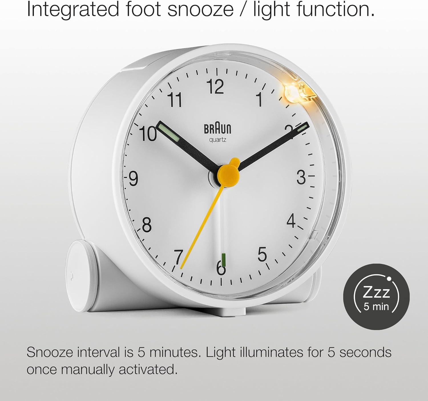 Braun Classic Analogue Alarm Clock with Snooze and Light, Quiet Quartz Movement, Crescendo Beep Alarm in White, Model BC01W.