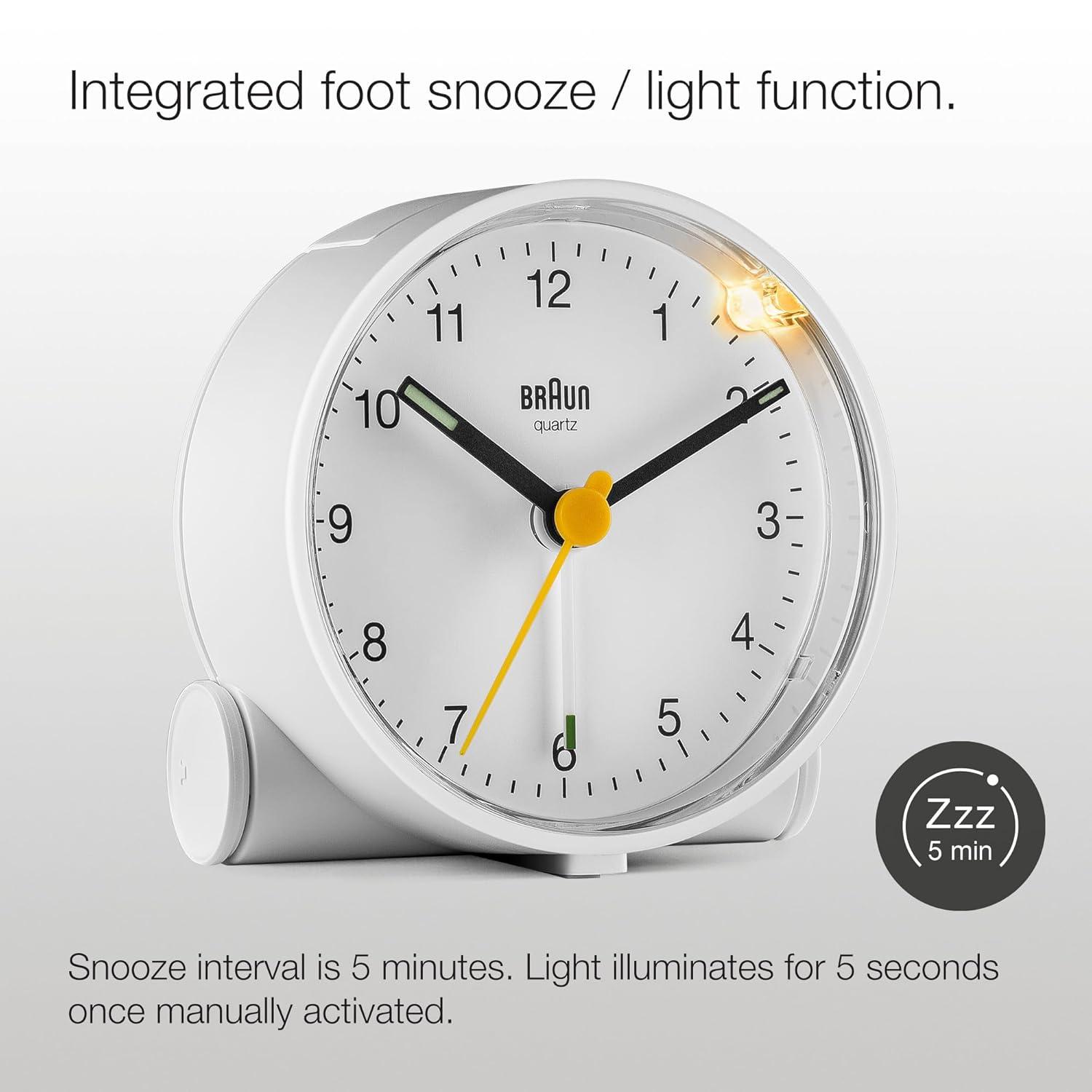 Braun Classic Analogue Alarm Clock with Snooze and Light, Quiet Quartz Movement, Crescendo Beep Alarm in White, Model BC01W.