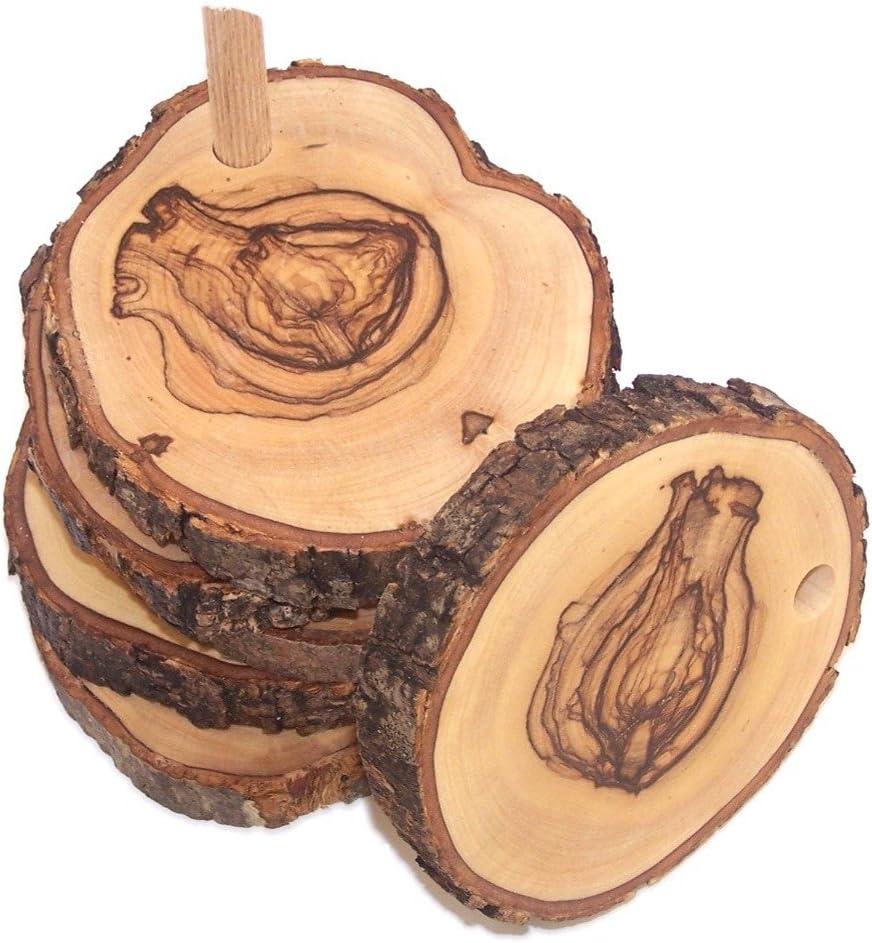Hand Carved Olive Wood Natural Coaster Set of 5 plus base - Connected (about 3.5 Inches each) - Asfour Outlet Trademark