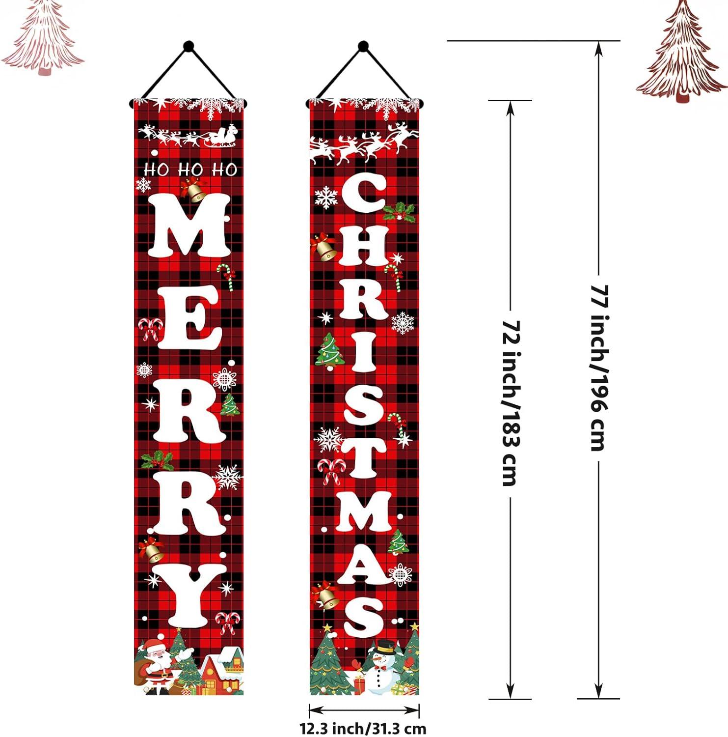 Christmas Decorations Outdoor Yard Front Porch Sign Set, Red Black Buffalo Plaid Door Banner, Hanging Merry Christmas Decorations for Home, Indoor Outdoor Xmas Decor Wall Front Door Yard Garage