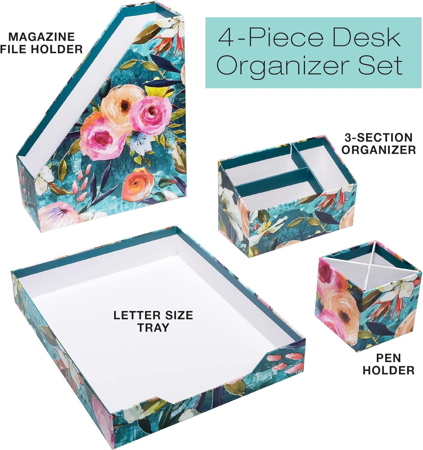 Global Printed Products Designer Printed Desk Organizer Set, Includes Letter Tray, Folder Stand, 3-Section Organizer, Pen Holder - Floral