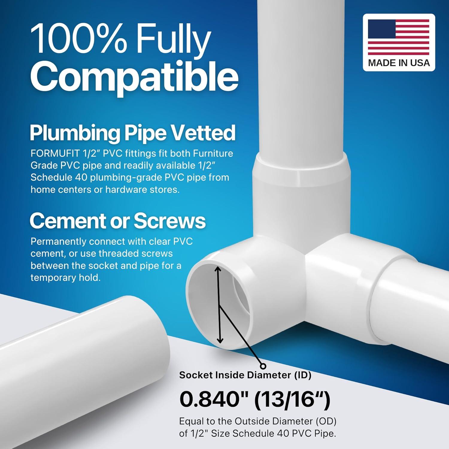 FORMUFIT 1/2" 3-Way Elbow Furniture Grade PVC Fitting in White, Made In USA, UV-Resistant, Impact-Proof, 0.840" Actual Socket Diameter (10-Pack) - F0123WE-WH-10