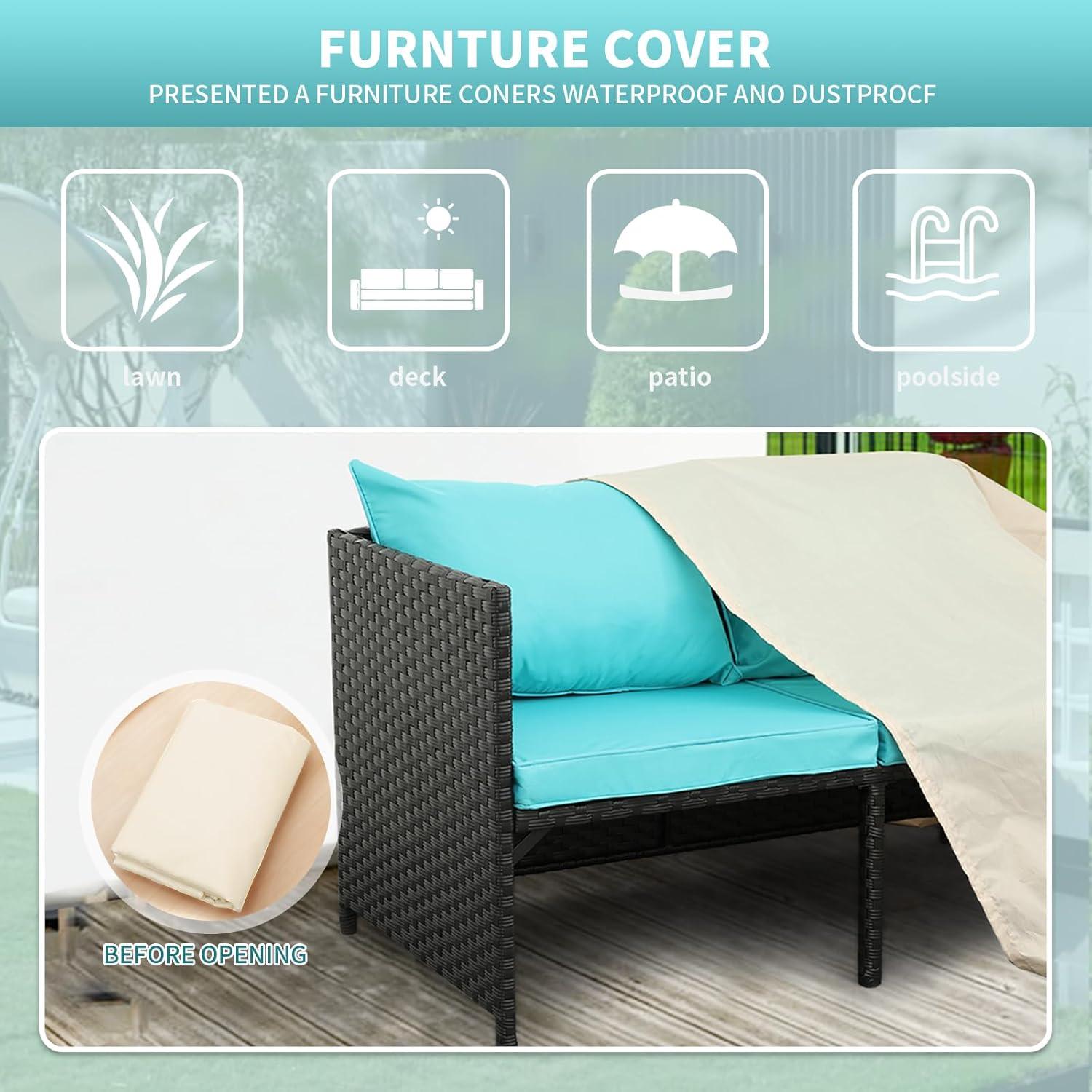 Valita 3-Piece Outdoor PE Rattan Furniture Set Patio Black Wicker Conversation Loveseat Sofa Sectional Couch Turquoise Cushion