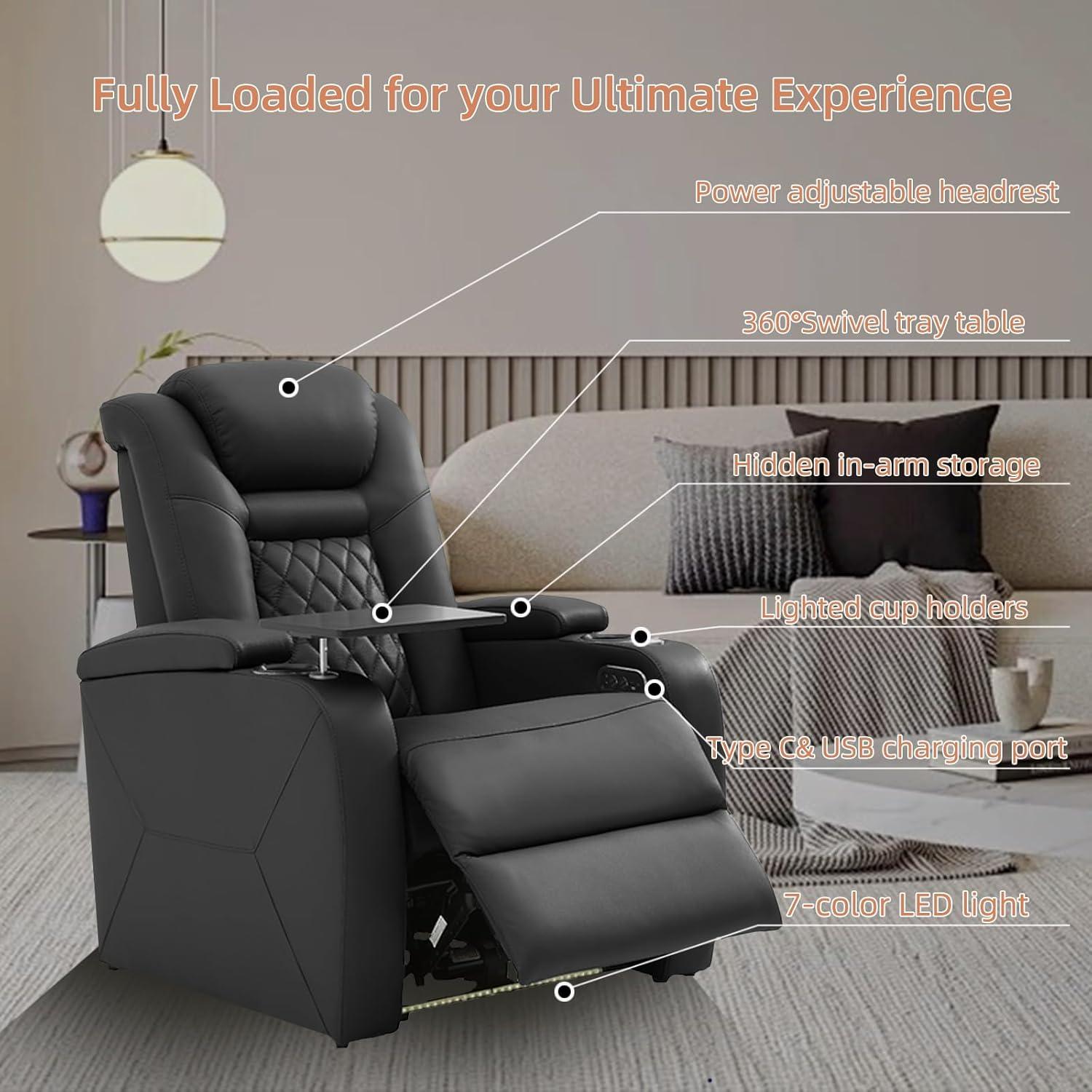 Top Grain Leather Home Theater Seating Power Headrest & Memory Function, 7-Color Ambient Lighting, USB/Type-C Charging, Easy Assembly Electric Recliner Chair (Row of 3)