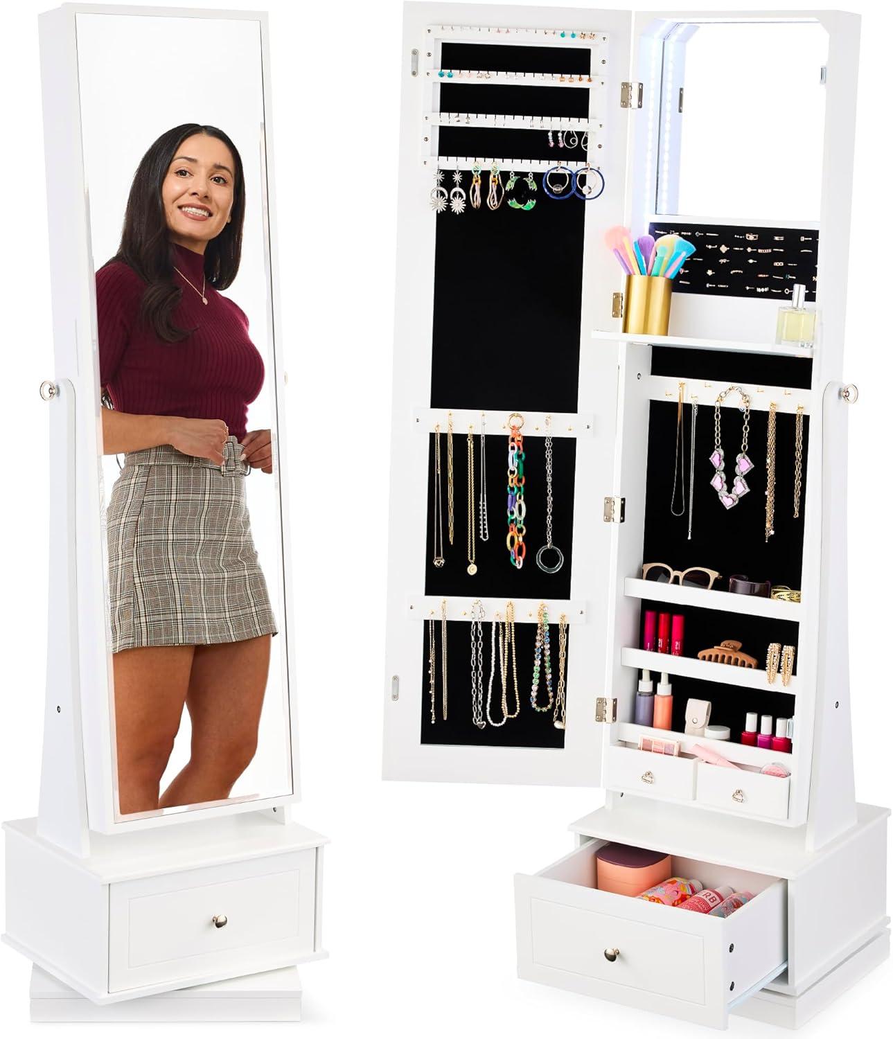 Best Choice Products 360 Swivel Standing Mirrored Jewelry Cabinet, LED-Lit Makeup Organizer w/ Mirror - White