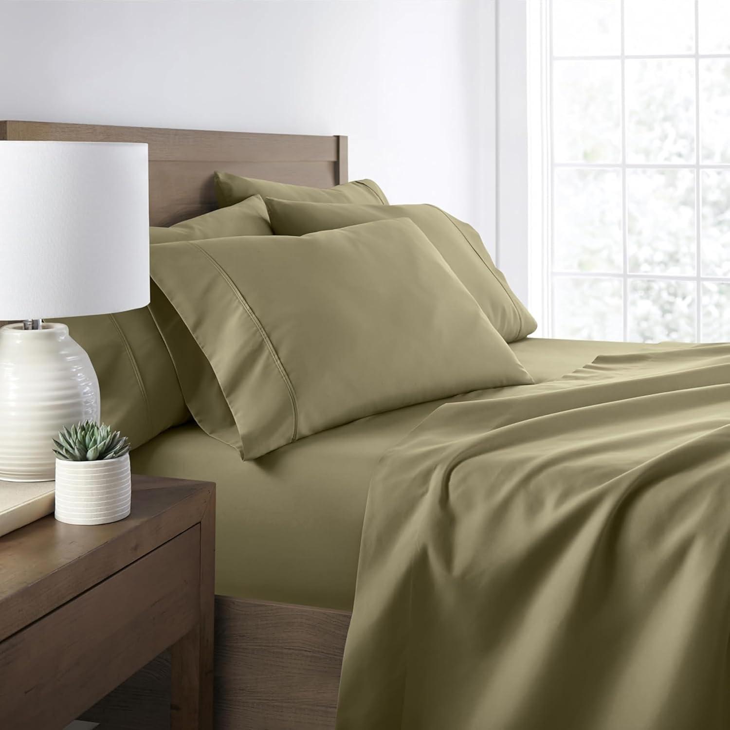 Full, Sage Solid Microfiber 6 Piece Bed Sheet Set, by Noble Linens