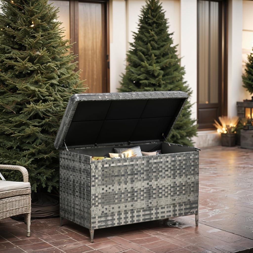 DWVO 170 Gallon Outdoor Storage Box, Weatherproof Wicker Deck Box, XL Outside Storage Container for Patio Furniture, Cushions, Pool Storage and Garden Tools (Black)