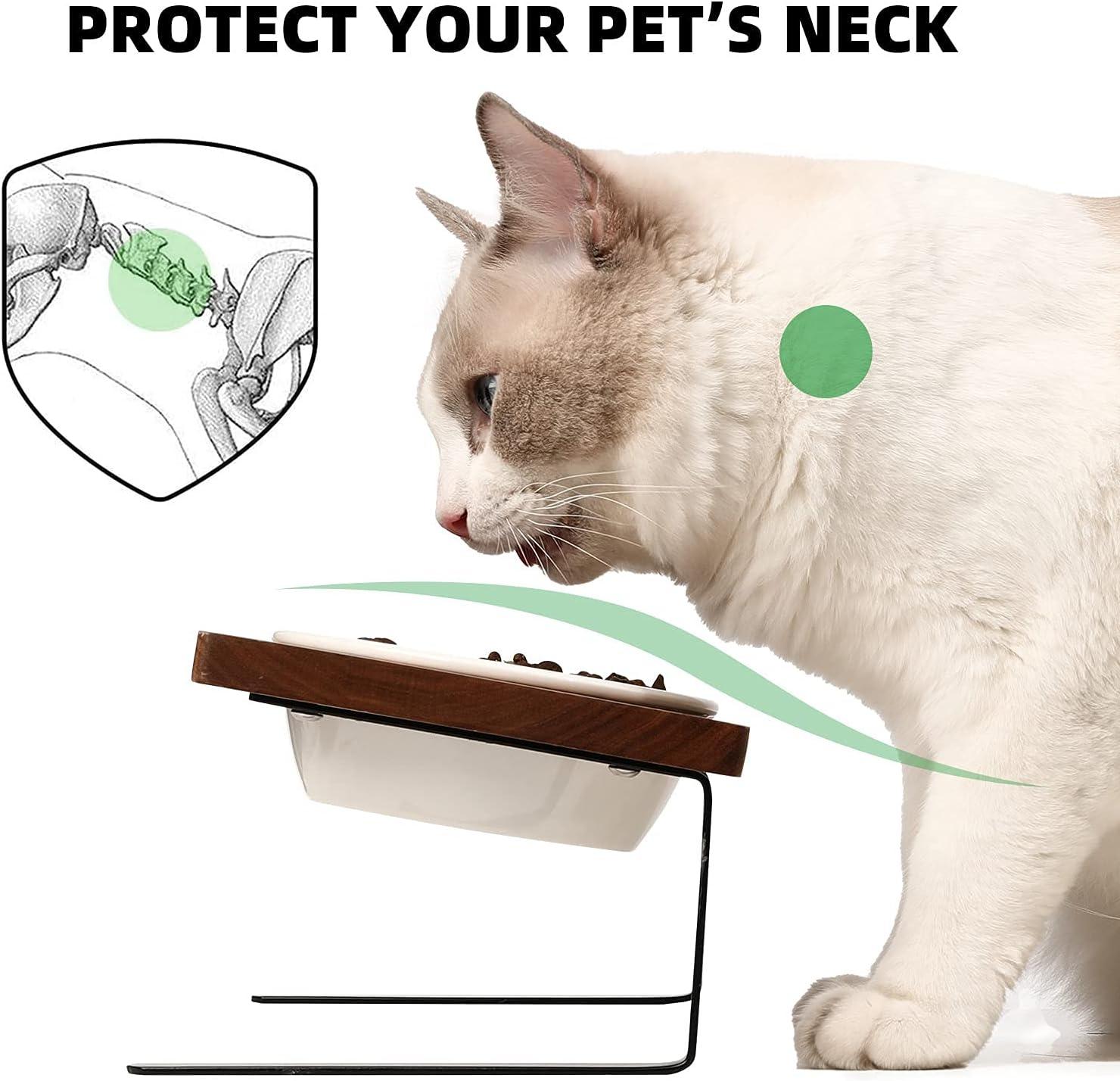 Elevated Cat Ceramic Bowls, Small Dog 15°Tilted Raised Food Feeding Dishes, Solid Walnut Water Stand Feeder Set for Cats and Puppy
