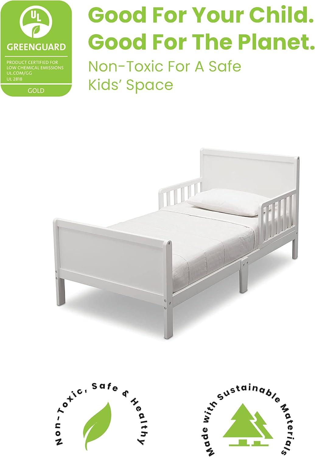 White Wood Toddler Bed with Guardrails and Headboard