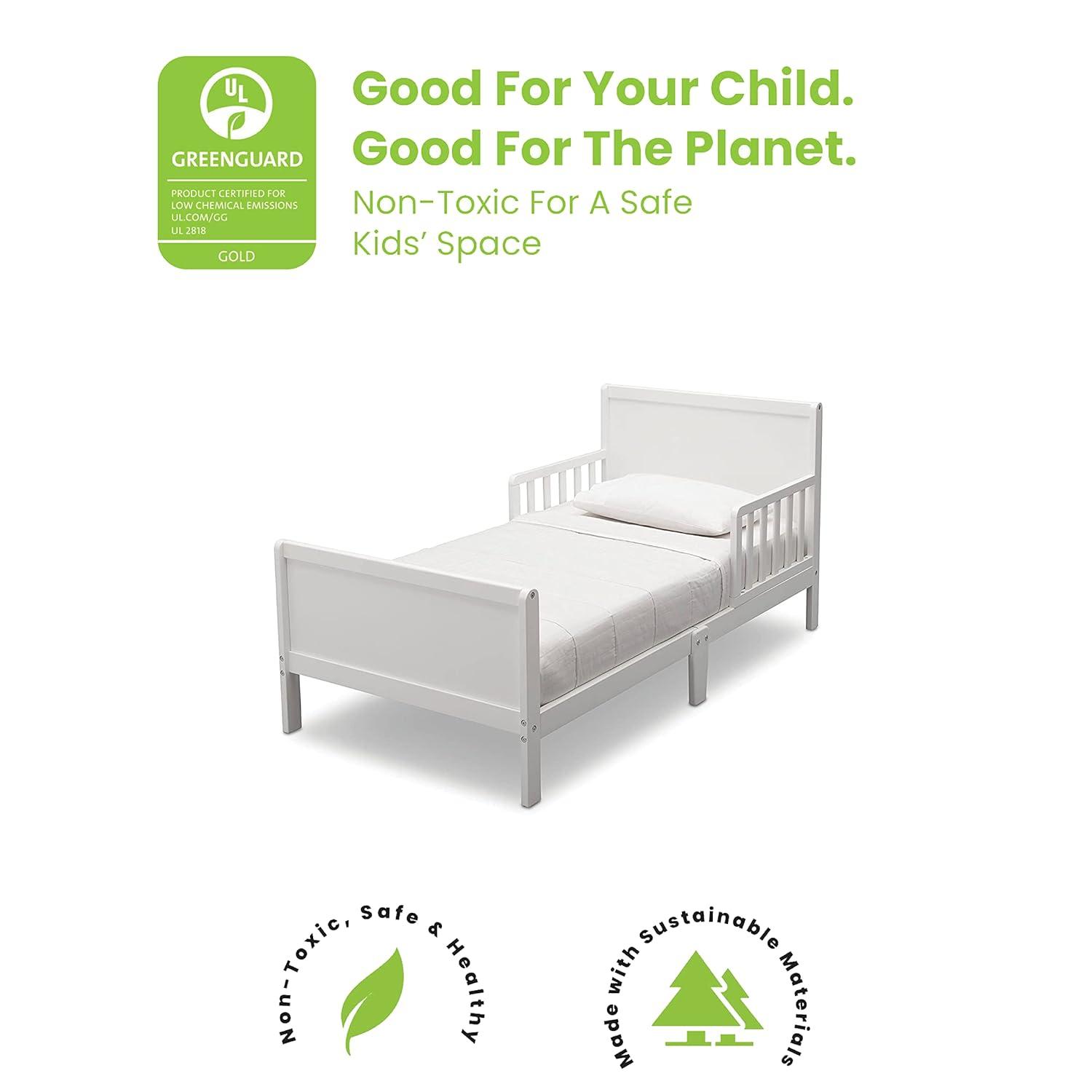 White Wood Toddler Bed with Guardrails and Headboard