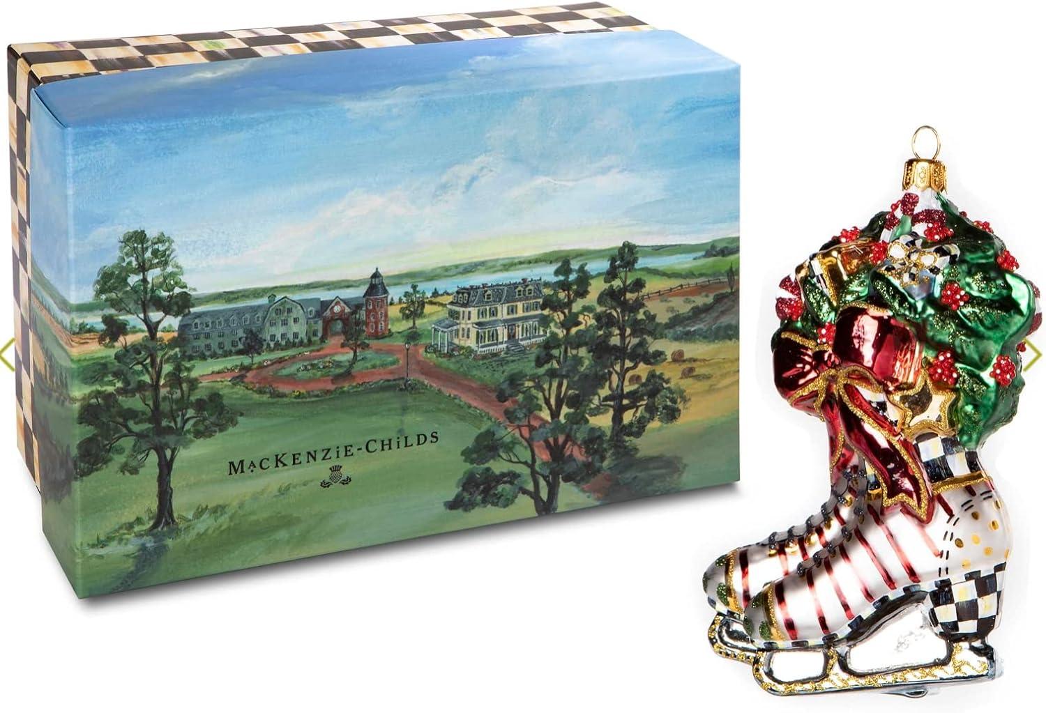 Handcrafted Holiday Skates Glass Ornament with Greenery