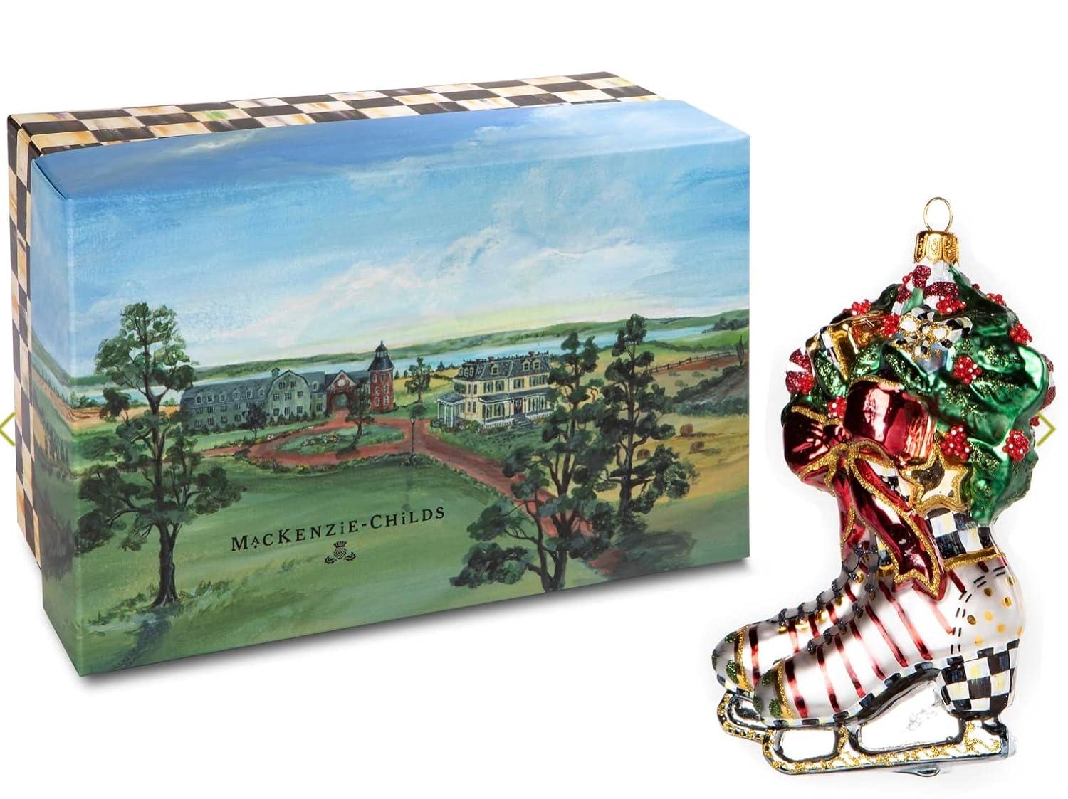 Handcrafted Holiday Skates Glass Ornament with Greenery