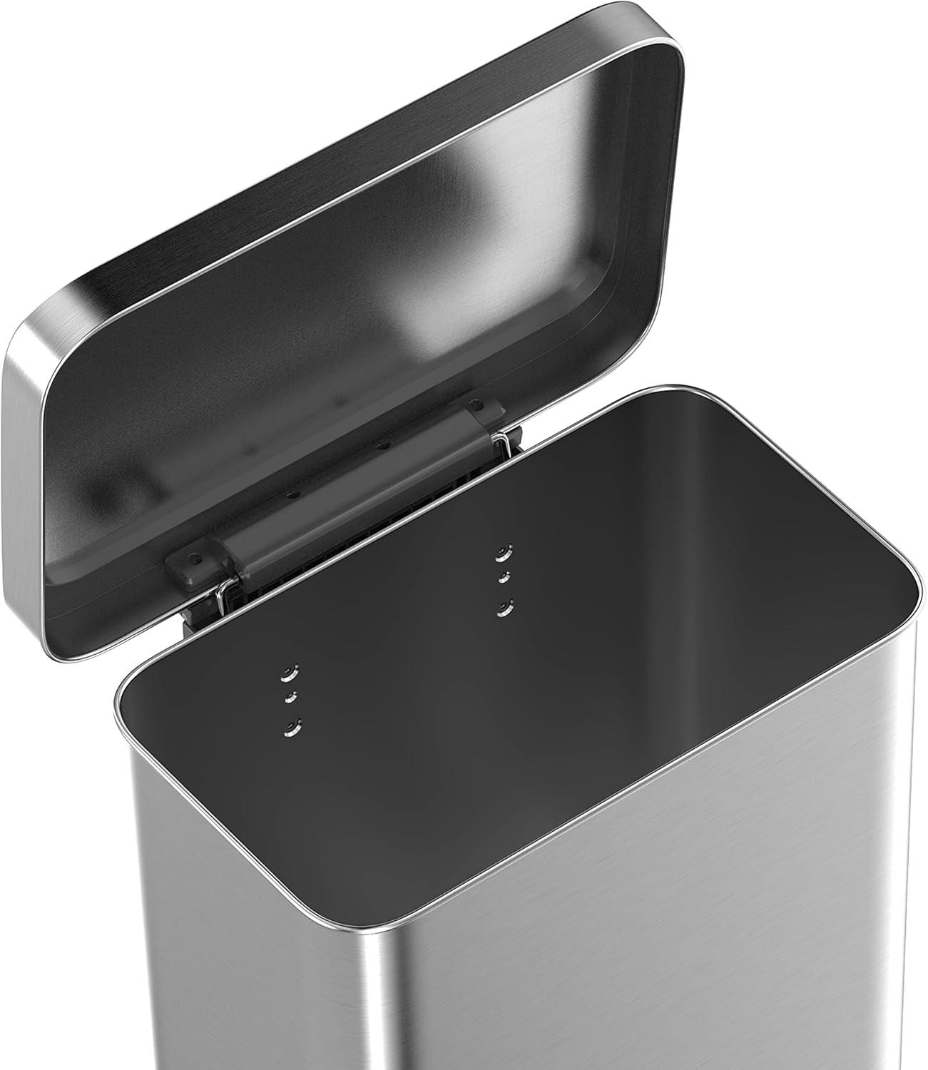QUALIAZERO 20 GAL/75L, RECTANGLE SHAPE, STAINLESS STEEL STEP-ON CAN, WITH SOFT CLOSE LID, BRUSH FINISH