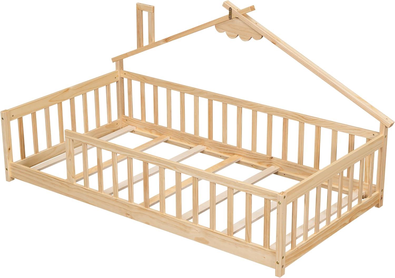 Natural Twin Wood House Frame Floor Bed with Guardrails