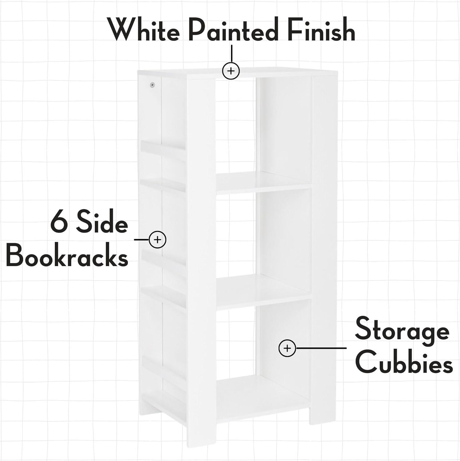RiverRidge Home RiverRidge Book Nook Kids Bookshelf and Toy Organizer Tower with 3 Cubbies and 6 Bookracks for Playroom, Nursery, and Reading Nook - White with 2 Fabric Bins